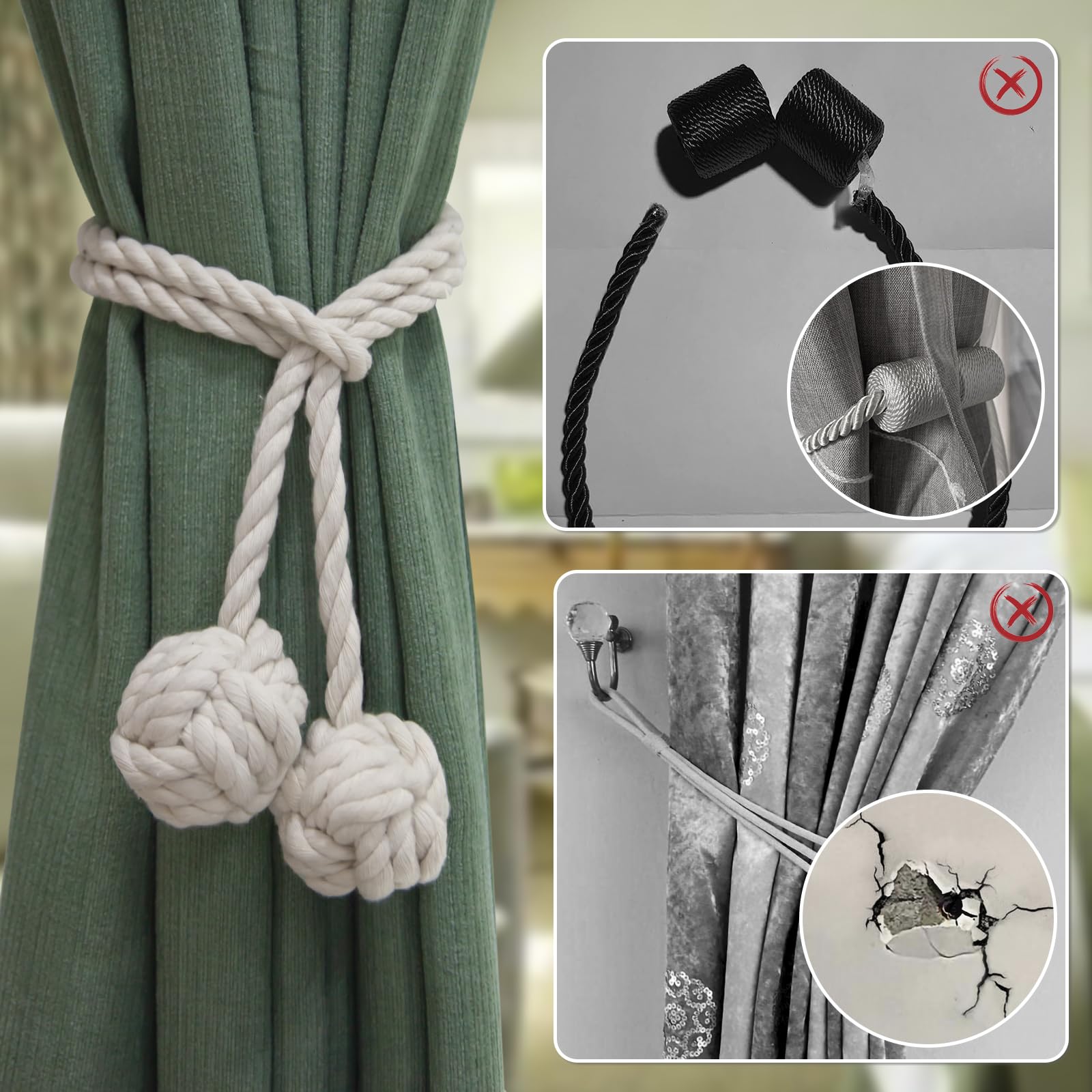 MAKNGRID and Curtain – Window | Natural Cotton Kitchen Installation Set of 4 Tiebacks for Rope No-Drill Decorative Rustic, Outdoor, Holdbacks Décor Beige Farmhouse, 2