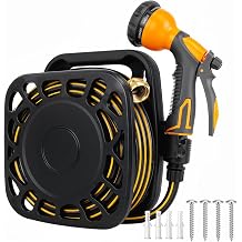 LP 50ft Garden Hose Set with Wall-Mounted Storage Holder & 9 Function Spray Nozzle, 3/8'' Universal Flexible Water Hose with Universal Fittings for Gardening, Yard & Car Wash