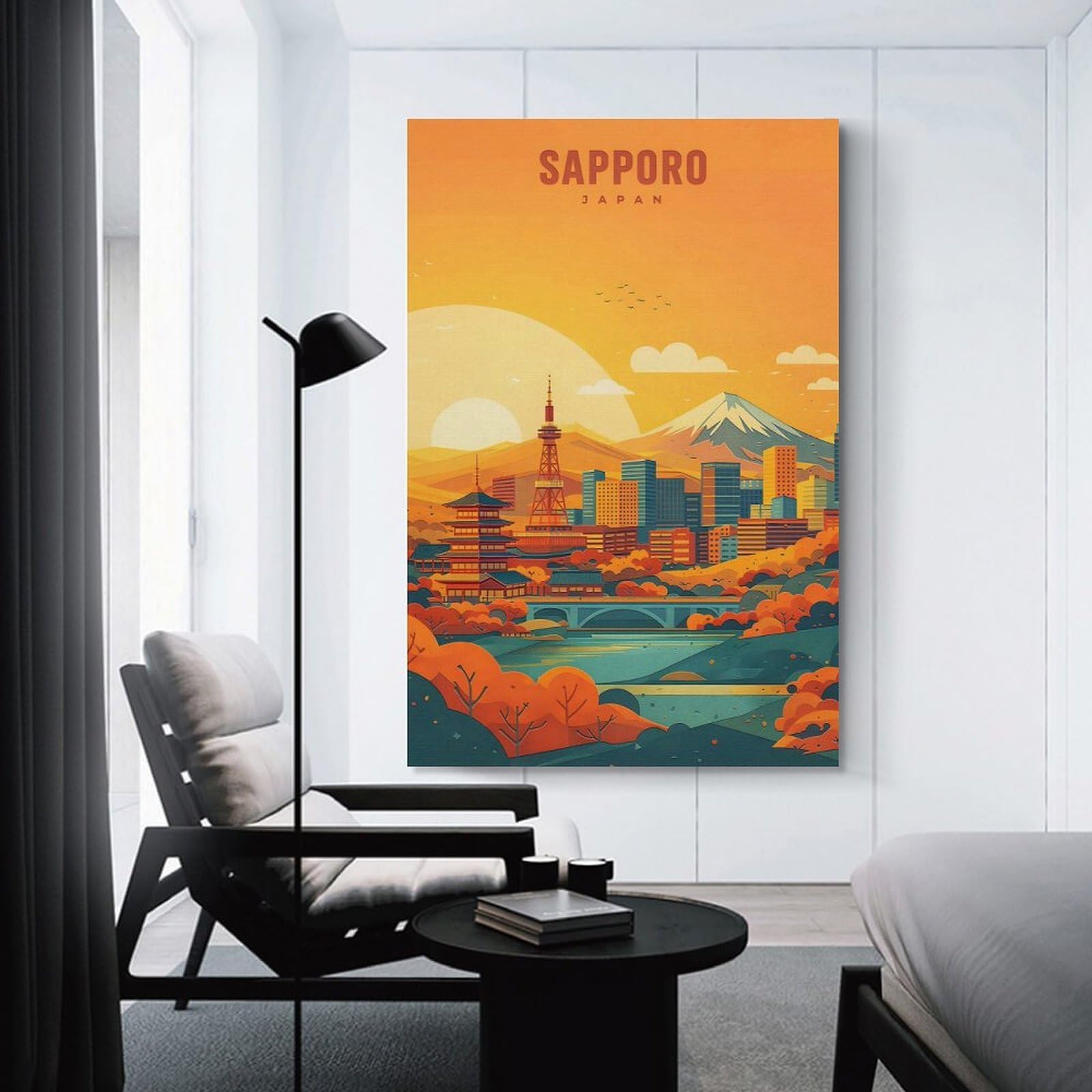 Junmoney Sapporo Cityscape at Sunset Canvas Art Print, 08x12inch(20x30cm), for Living Room, Bedroom, Office Or Hallway, Decorative Artwork with Broad Appeal