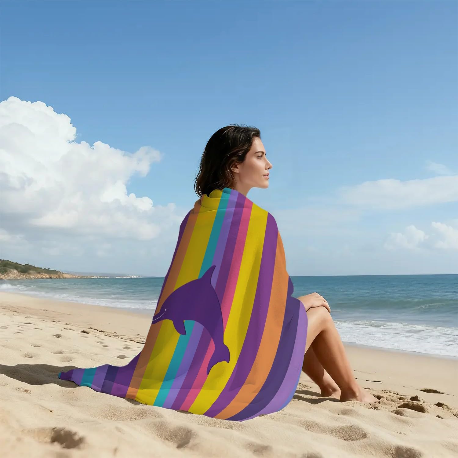 Einfach, geometrisch, symmetrisch Strandtuch 230 x 210 cm - Strandtuch trandtuch Leichtdünn Weich Strandtuch Delphinsilhouetten, Streifen,für Strand, Pool, Yoga, Picknick