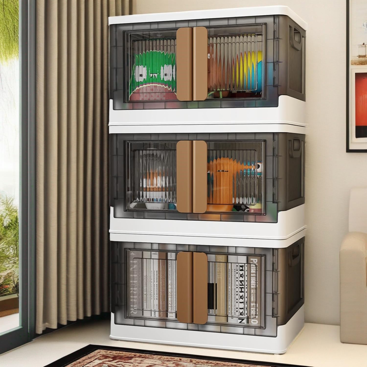 3Pack 8.4 Gal Large Collapsible Storage Bins with Lids with Door Open Front-Big Plastic Stackable Foldable Storage Box Organizers for Clothing with Wheels, Sidio Crate, Contenedores de Almacenamiento