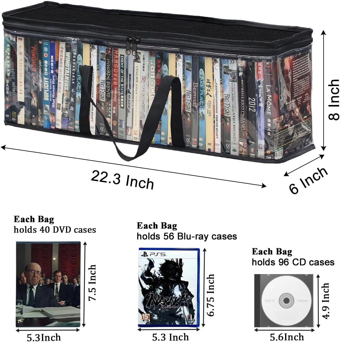 CD DVD Storage Bags 6-Pack, Clear Blu-ray Case Holder with Zipper & Handles | Holds 56 Blu-ray, 40 DVD, 96 CD Cases per Bag | Media & Video Game Storage Organizer for Movies - Image 2