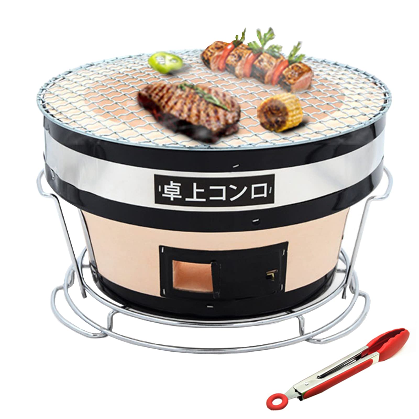 Grill na węgiel drzewny – okrągła ceramiczna glina Hibachi kuchenka stołowa do grilla na zewnątrz z siatką drucianą