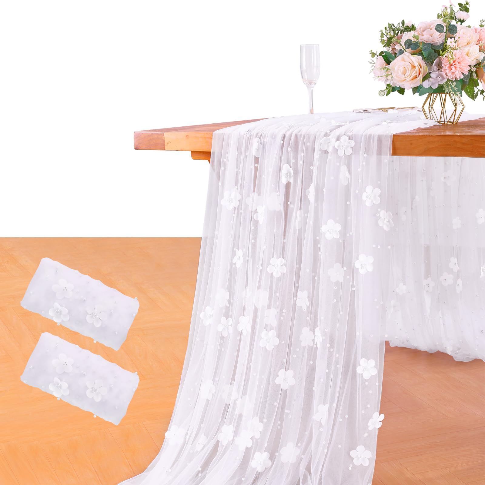 YOUMEHOMEWhite Flower Pearl Tulle Tablecloth: 2 Pieces Pearl Table Cloth 60x120 Inch Tulle Table Cover 10 FT Mesh Sheer Fabric for Wedding Bridal Shower Sweetheart Table Decorations