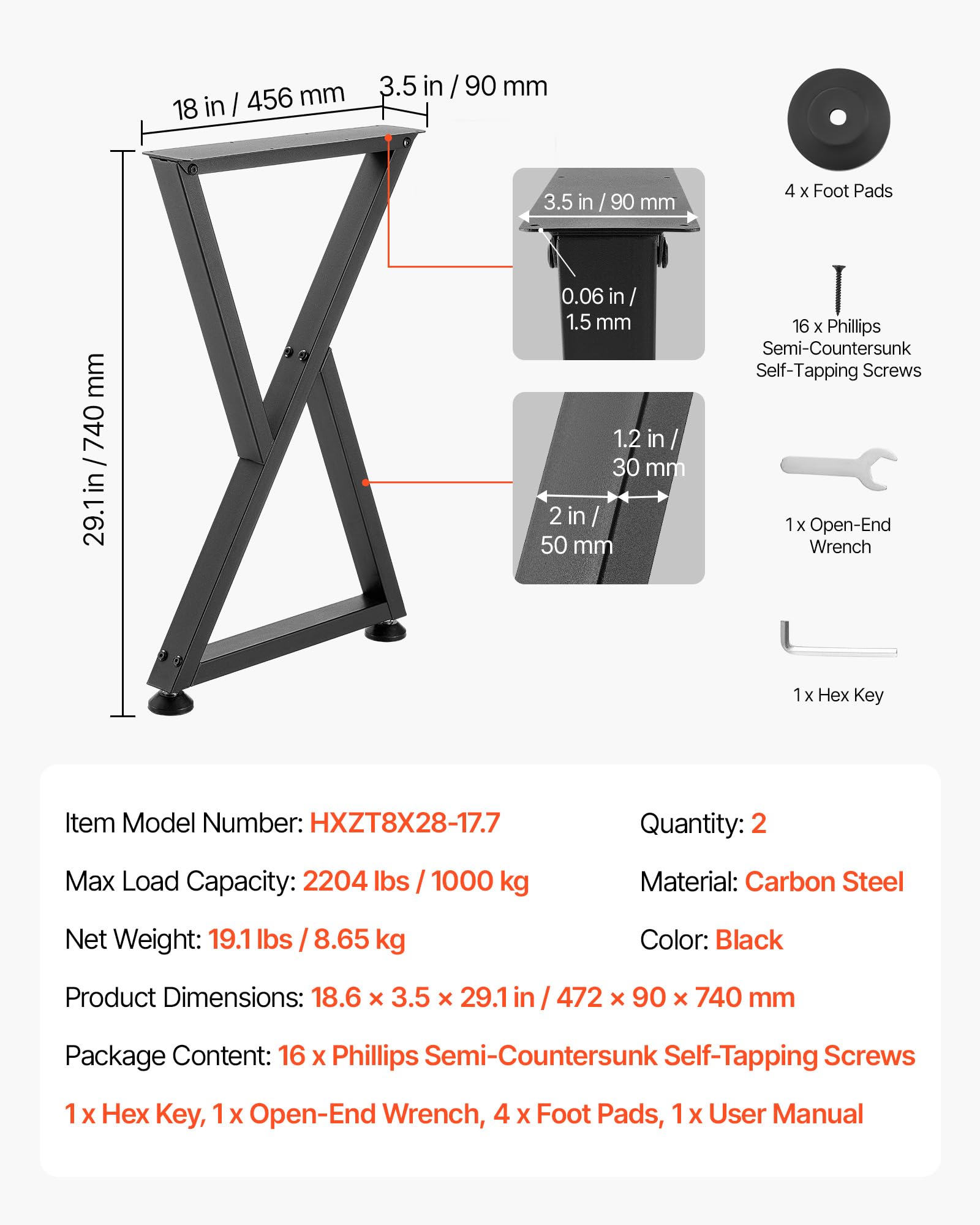 VEVOR Gambe per Tavolo in Acciaio, Gambe per Scrivania Smontabili, Design Modulare, Struttura a Z, Montaggio Semplice, Carico Max.1000 kg, per Tavoli da Caffè e da Bar, 74 x 47,2 cm, 2 Pezzi, Nero