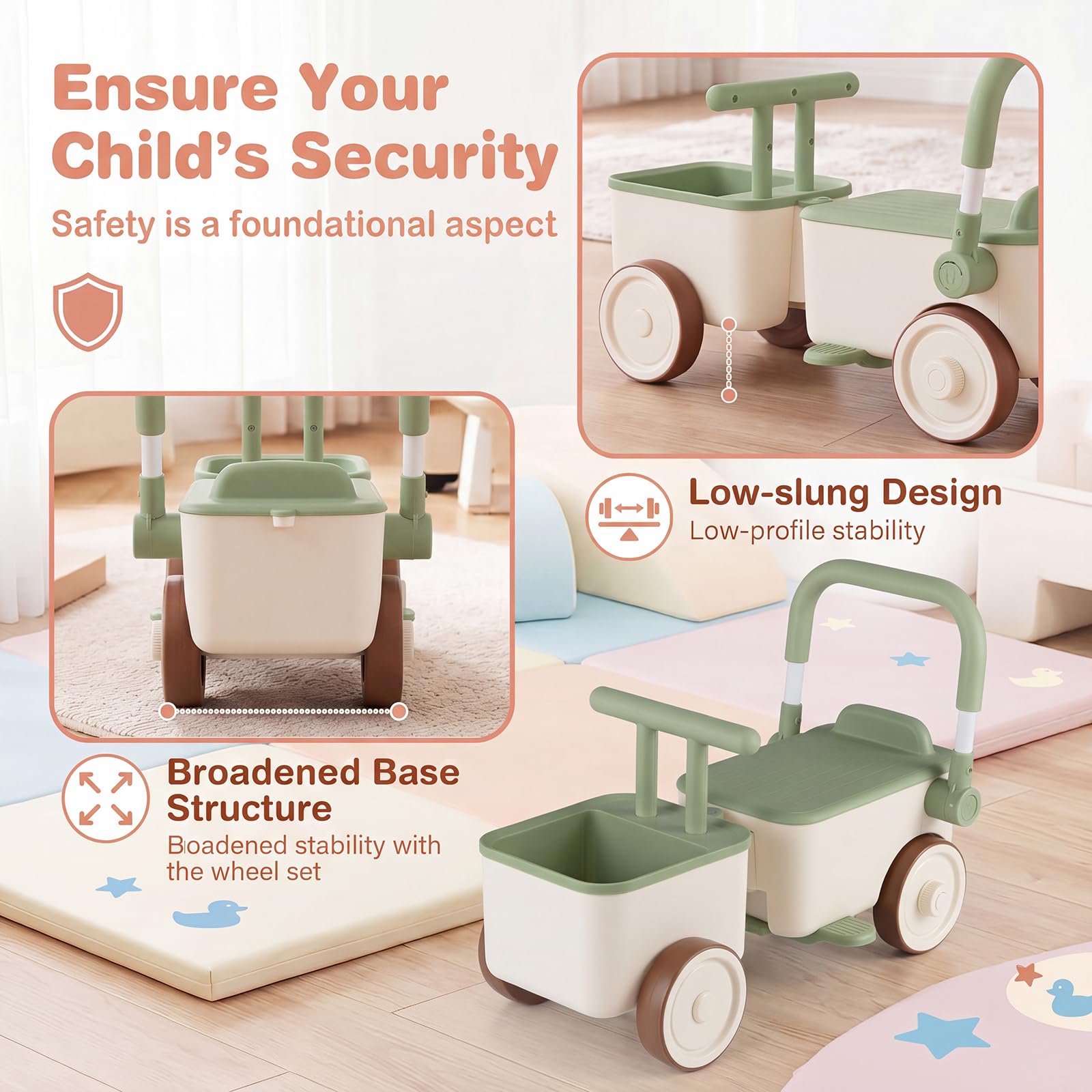 KOMFOTTEU 3 en 1 Coche Correpasillos para Niños 3-6 Años (Verde)