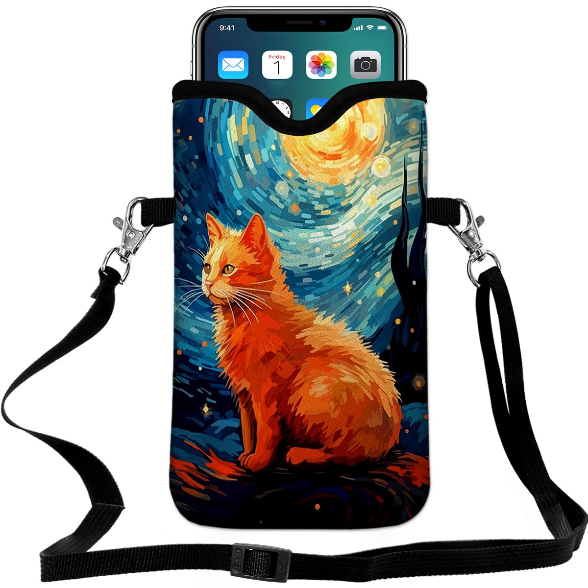 Funda de neopreno para teléfono celular de 7.5 x 4.3 pulgadas, funda de protección móvil con correa cruzada, cordón para el cuello, funda para teléfono celular, pintura al óleo de gato galaxia