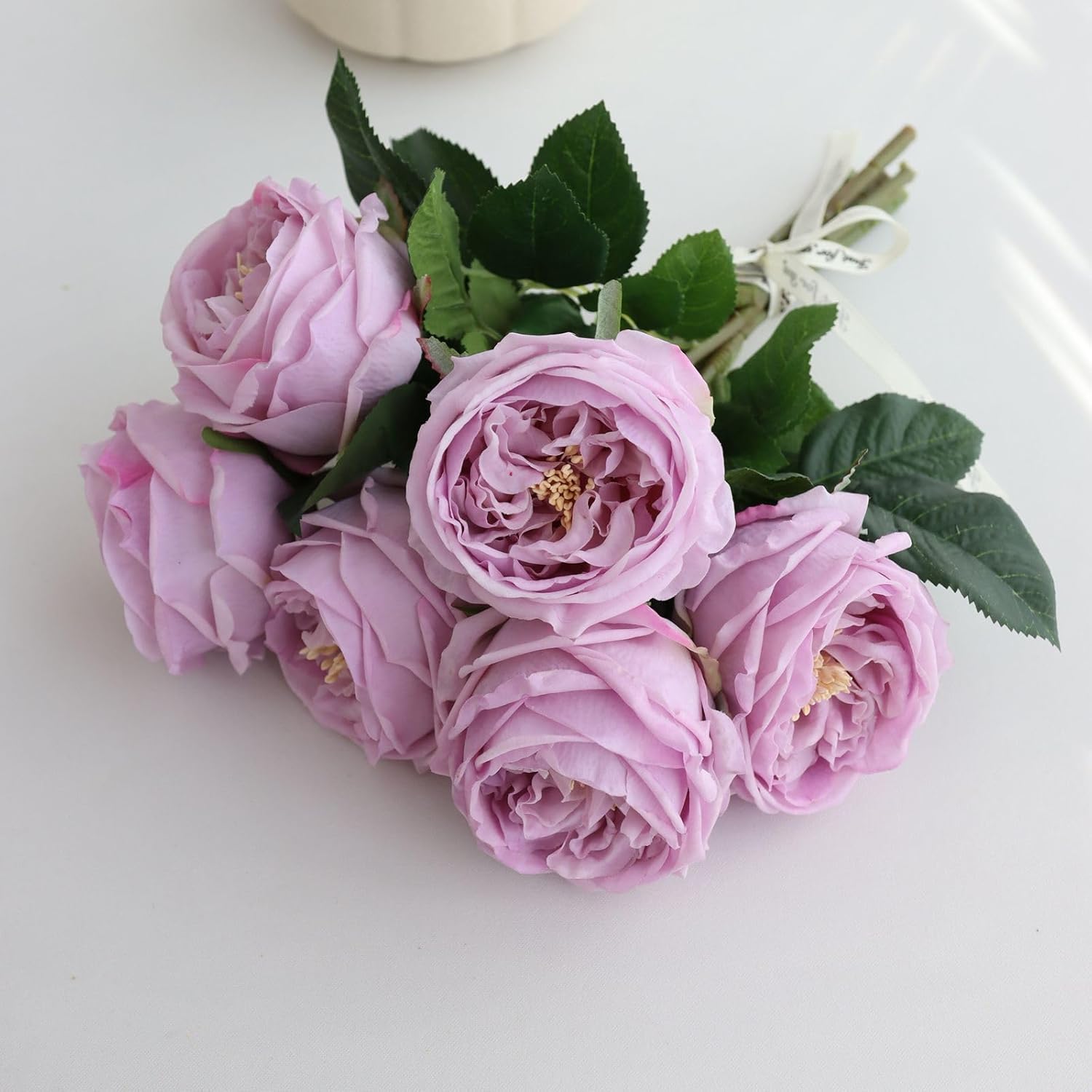 Fake Austin Rose Peonies Flowers with Vase, Clear Glass Vase with Purple Real Touch Peonies Artificial Flowers,Faux Flower Arrangements for Dining Table Centerpiece Decor