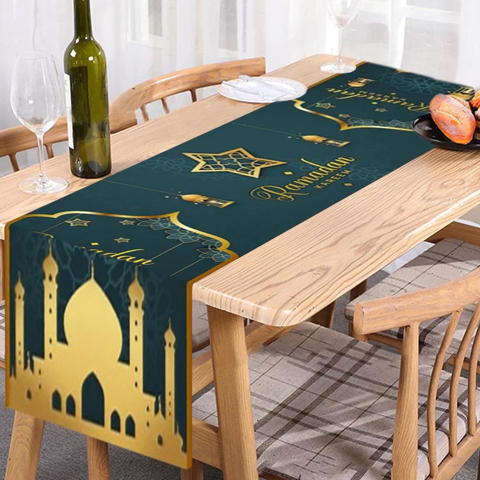 Eid Ramadan Mubarak Table Runner, 35x180 CM Star Moon Mosque Decorative, Polyester Table Cover Decor for Home Dinning Room Islam Muslim Party Decoration Party Favors (Green)