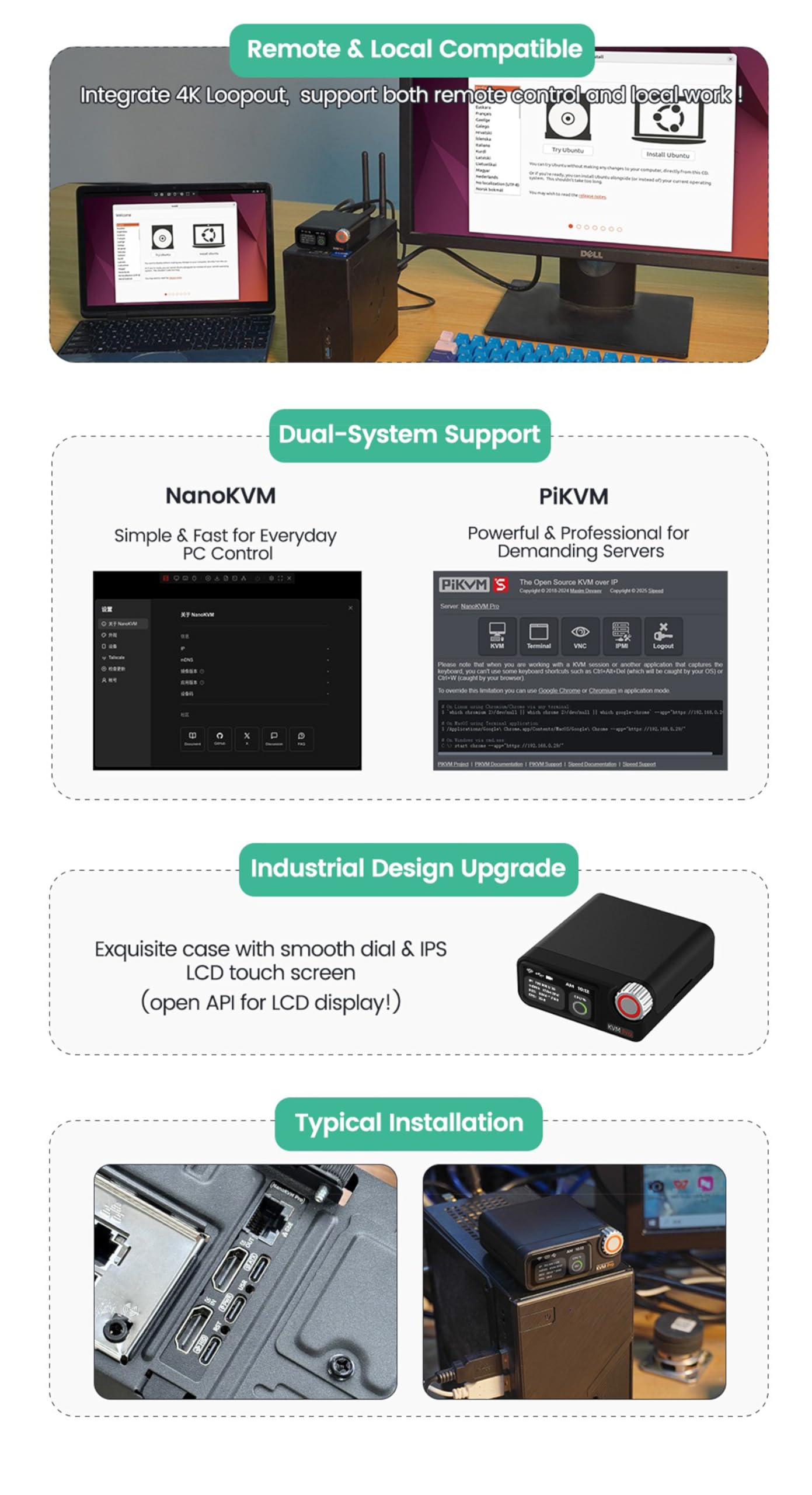 Sipeed NanoKVM Pro Nano 4K KVM sobre IP, 2 x A53 CPU 1 GB LPDDR4X 32 GB eMMC, 1000 M Ethernet POE WiFi 6, para servidor remoto mantenimiento ATX Power Control Batch Management (escritorio, ETH WiFi