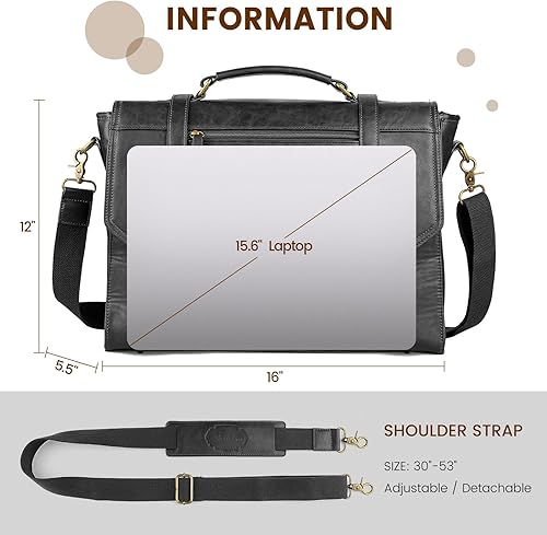 Miniatura 7 de Bolsa de mensajero para hombre de 15.6 pulgadas, impermeable, de piel sintética, maletín para laptop, bolsa grande para computadora portátil, bolsa