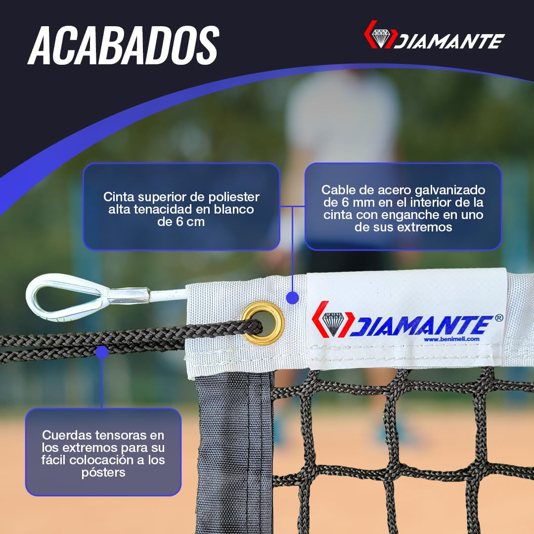 DIAMANTE Red de Tenis Profesional - Redes Deportivas para Deportes y Exterior - Red de Bádminton y Entrenamiento - 12,80 x 1,07 m con Cable de Acero y Tratamiento UV