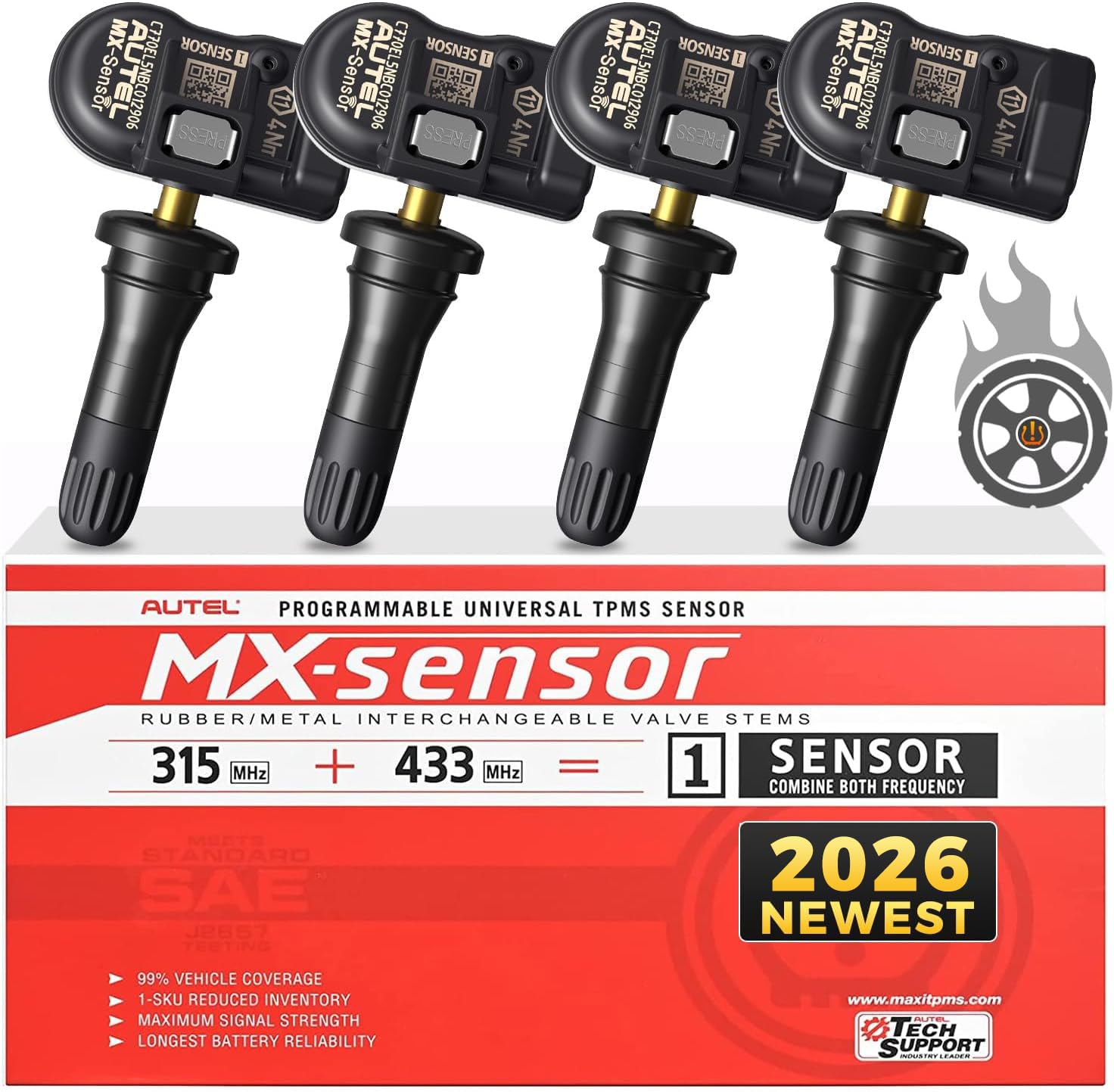 Autel TPMS Sensors 315Mhz/ 433Mhz 2in1, MX Sensor OE Level Press-Release Universal Tire Sensors 100% Cloneable by TPMS Tool TS408 TS501 PRO TS508 TS508WF MS906TS MS906 PRO-TS (4PCS Rubber Stem)