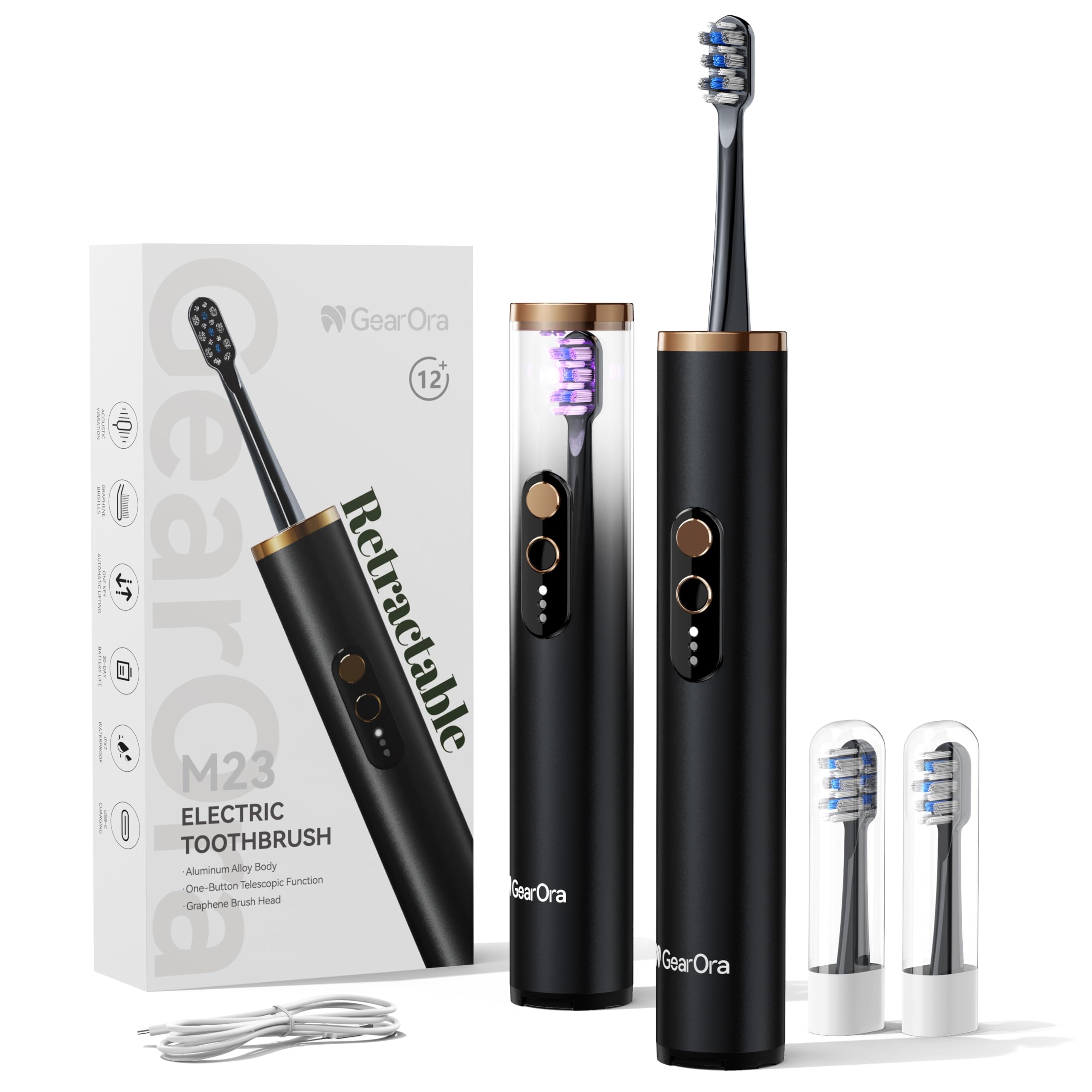 M23 Versenkbare Reisezahnbürste mit UV-Reinigung, Schallzahnbürste, Elektrische Zahnbürste für Erwachsene, 30 Tage Akku, Aluminiumgehäuse, 130g Ultraleicht, 3 Modi, USB-C, IPX7, Schwarz