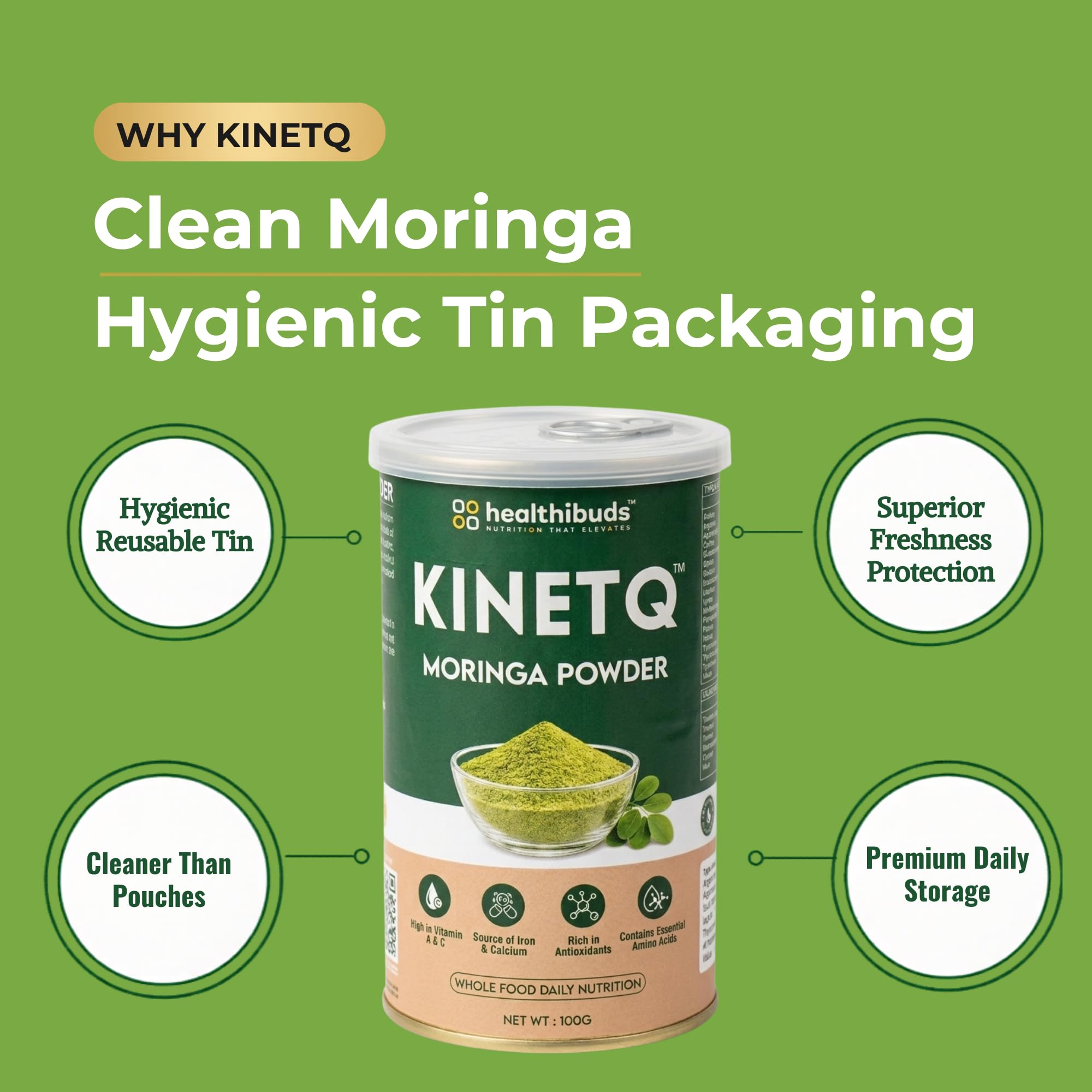 KINETQ Organic Moringa Leaf Powder 200g (2x100g) | Rich in Iron & Protein