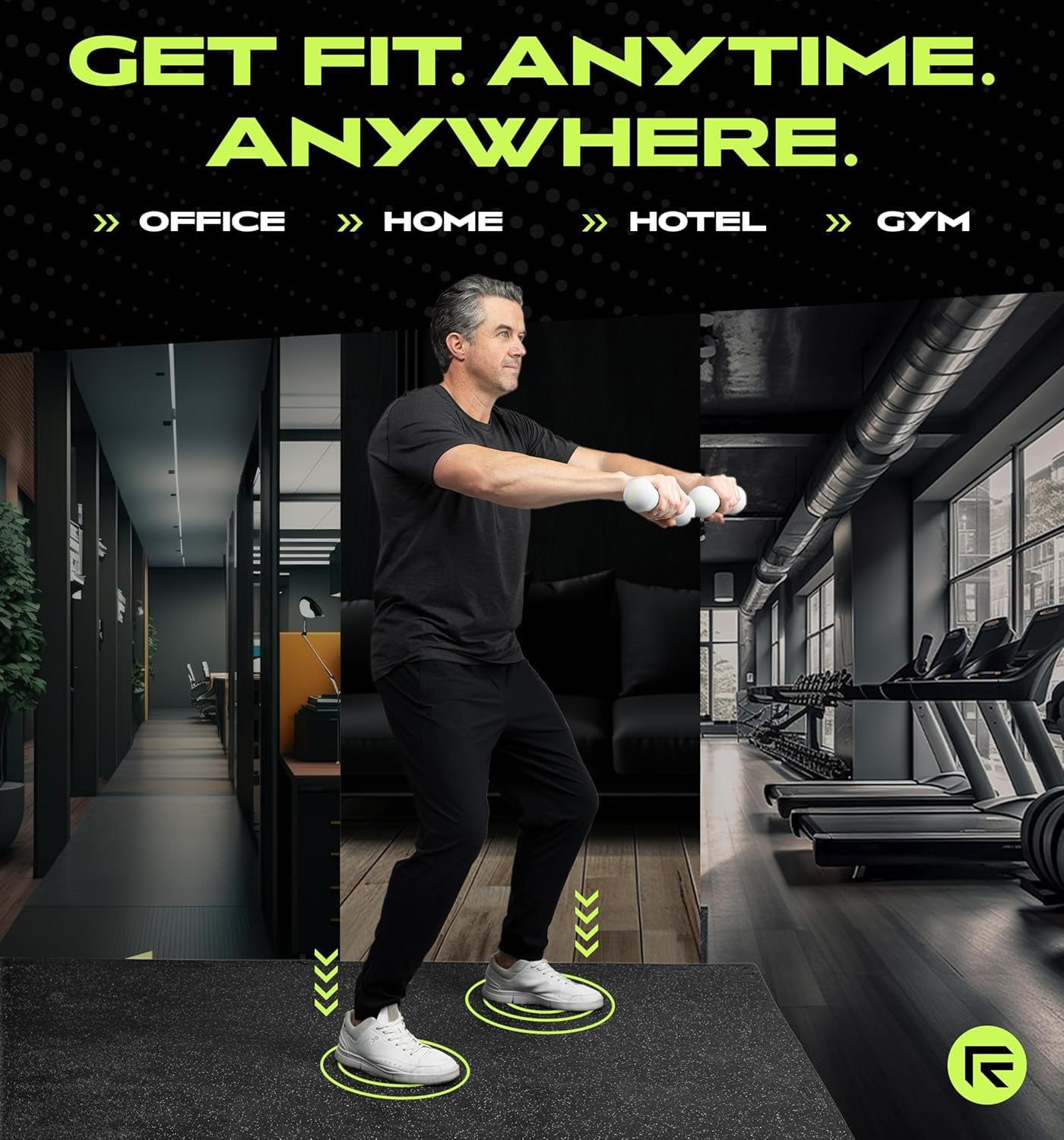 Rage Fitness - Juego De Suelos De Gimnasio Entrelazados Con Bordes, Alfombrillas De Goma De 0.25 Pulgadas De Grosor Para Entrenamiento En Casa, 6 Azulejos Cuadrados, 10 Bordes, Azulejos Grises Para