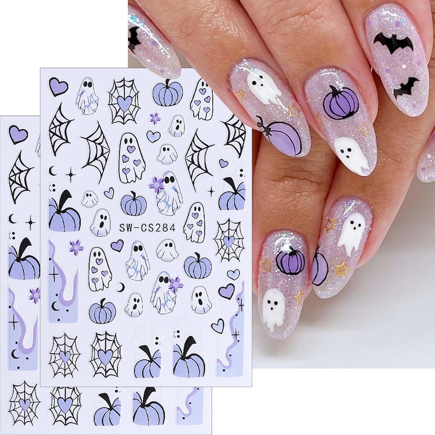 ONPRESS 10Sheet Halloween Nail Stickers Pumpkin Ghost Face Nail Decals 3D Self Adhesive Nail Supplies Spider Web Cat Bat Star Moon Skull Nail Art Stickers for Acrylic Nails for Women DIY Manicure