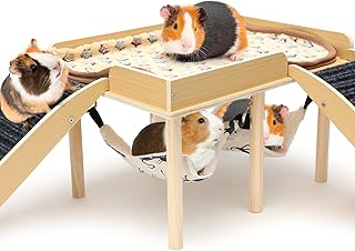 Meerschweinchen Haus aus Holz Mit Hängematte, 2 Rampe, Versteck für Zwerg Hamster Rennmäuse Degus Stachelmäuse Kaninchen, Kleine Haustiere Spielzeug Zubehoer, 40x30x25cm