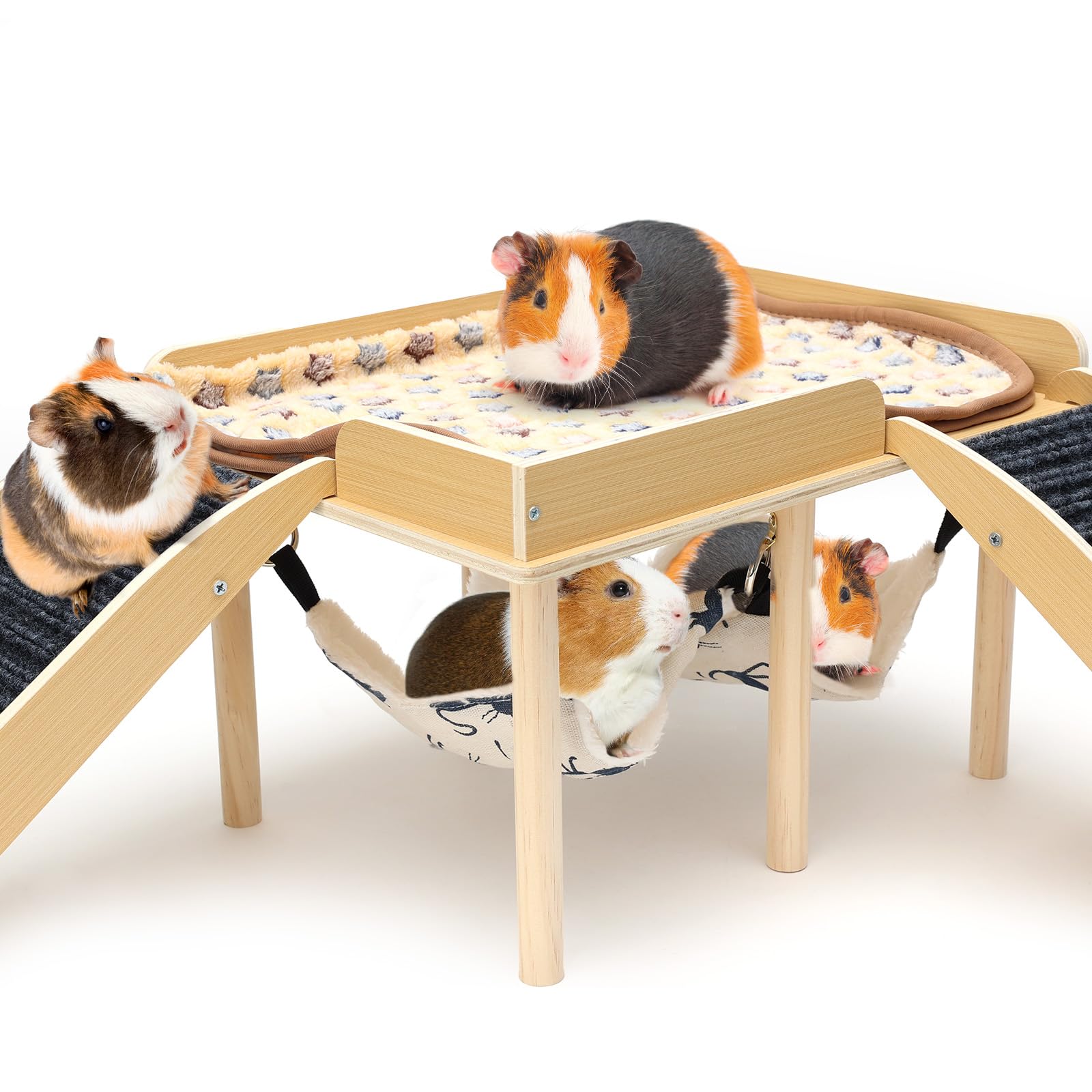 GHWMYD Meerschweinchen Haus aus Holz Mit Hängematte, 2 Rampe, Versteck für Zwerg Hamster Rennmäuse Degus Stachelmäuse Kaninchen, Kleine Haustiere Spielzeug Zubehoer, 40x30x25cm