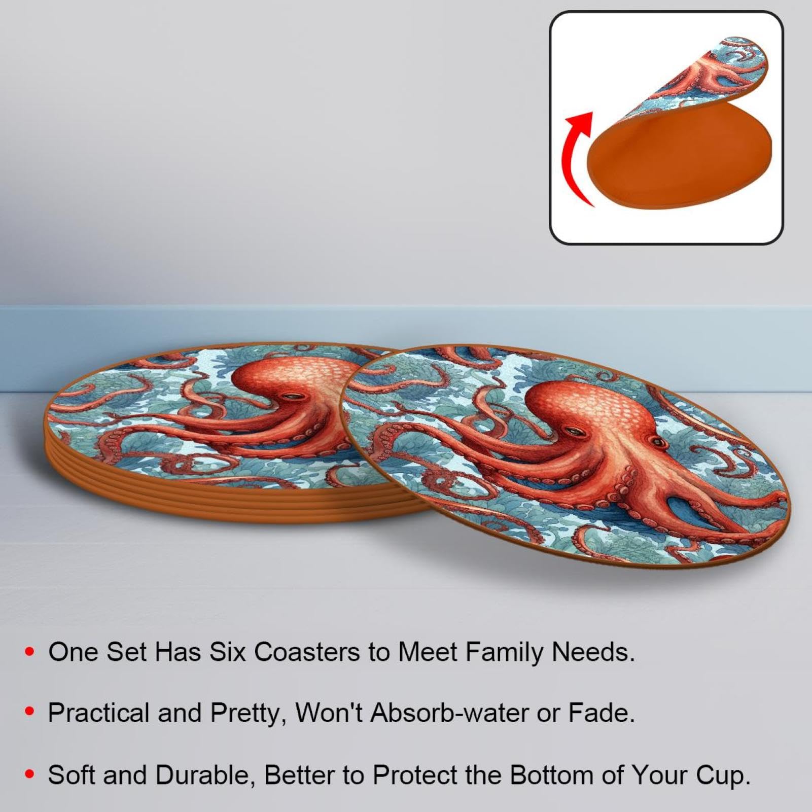 Cartoon-Ozean-Oktopus-Untersetzer für Getränke, 6 Stück, Tisch-Schutzmatte für Weingläser, Tassen und Tassen, wiederverwendbar im Büro, Küche, Bar, 10,9 cm