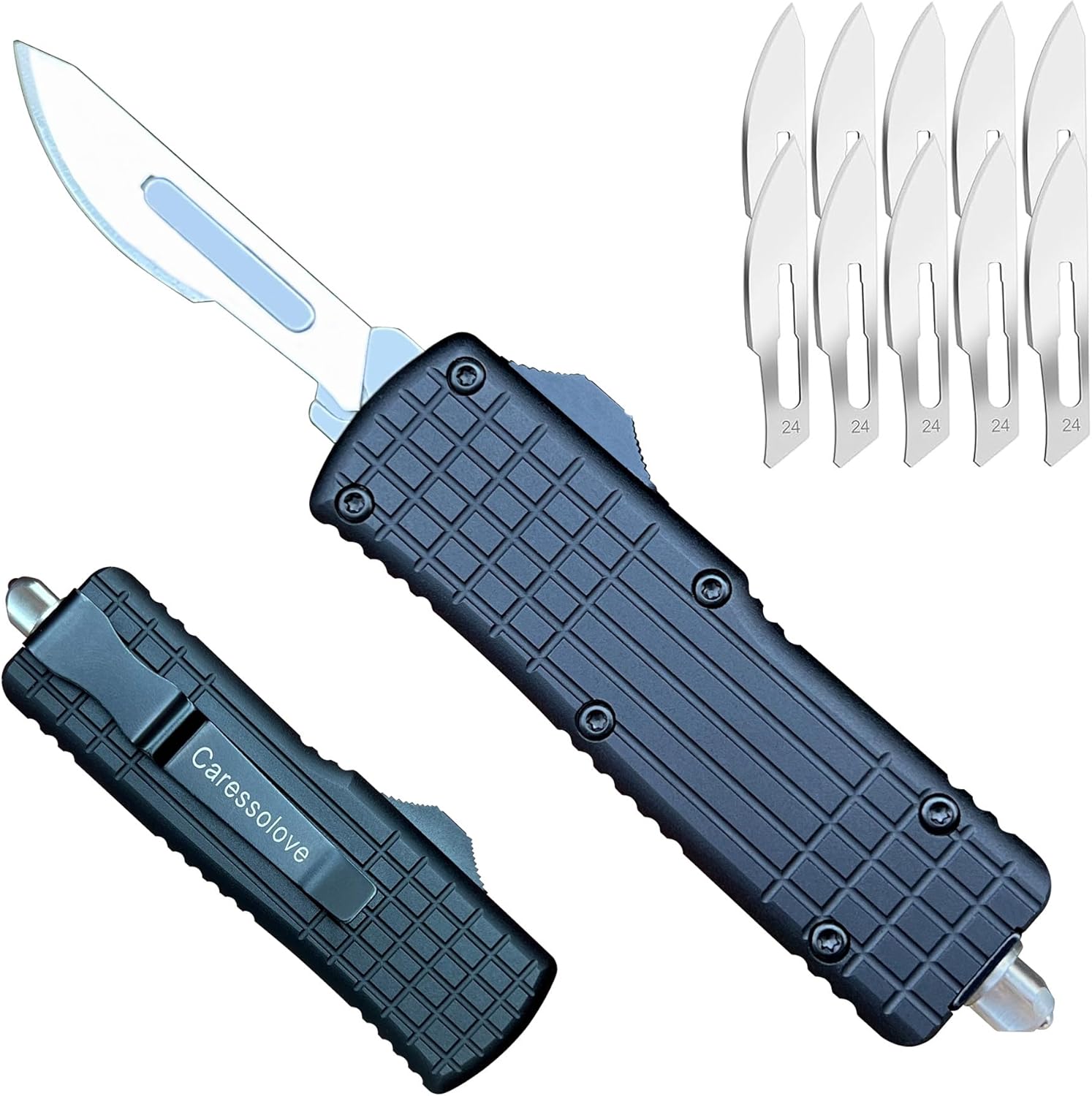 Automatic Scalpel Knife, Safety Auto Knife Push Button, EDC Double Action Razor Blade Utility Knife, With 10pcs #24 Replaceable Blade Self Retractable Pocket Knives For Men and Women Black