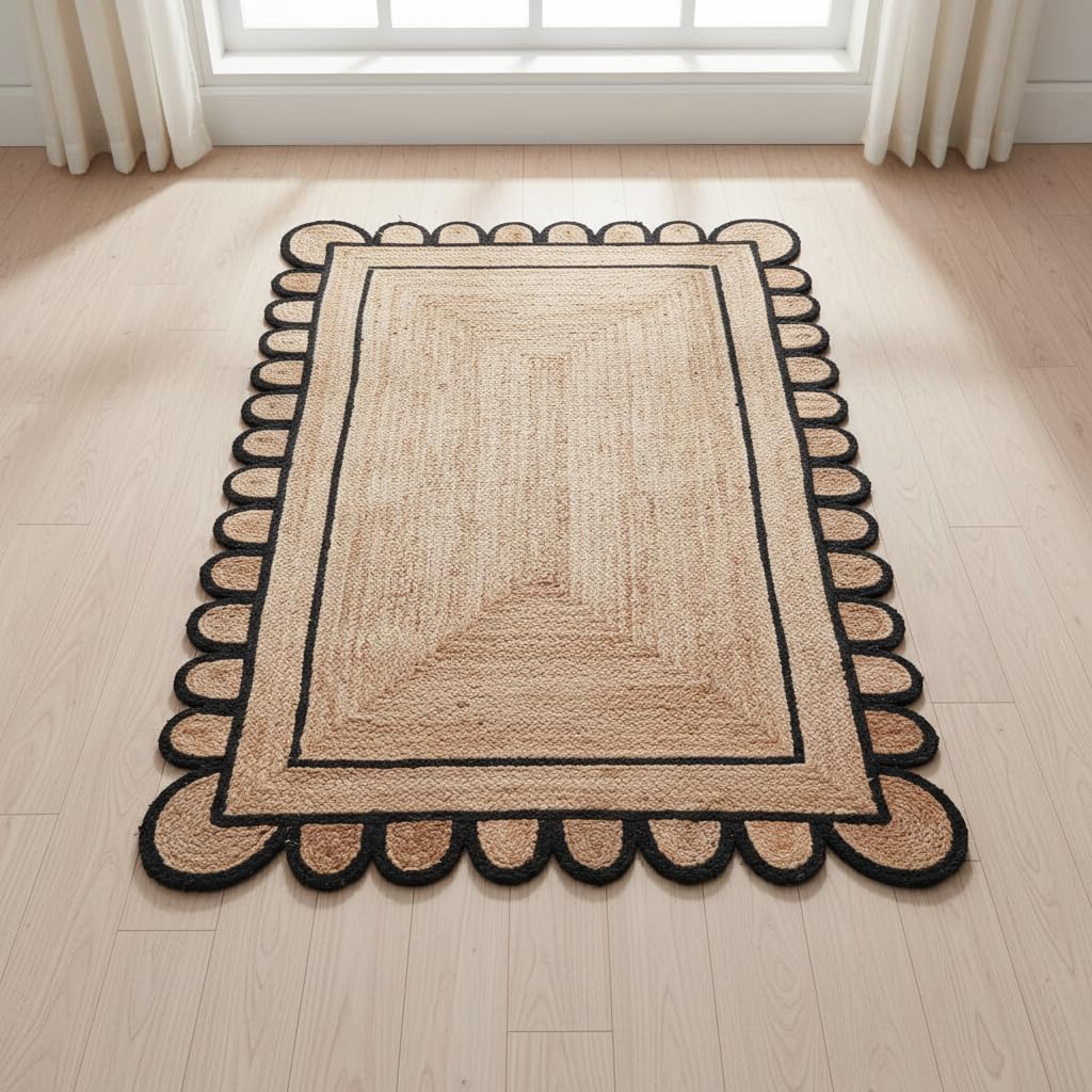 Braided Scalloped Jute Rug Natural with Black Trim, Handmade Farmhouse Boho Area Rug for Entryway, Kitchen, Hallway, Living Room, Bedroom, Rustic Woven Floor Rug - (Black- 3X5 ft)