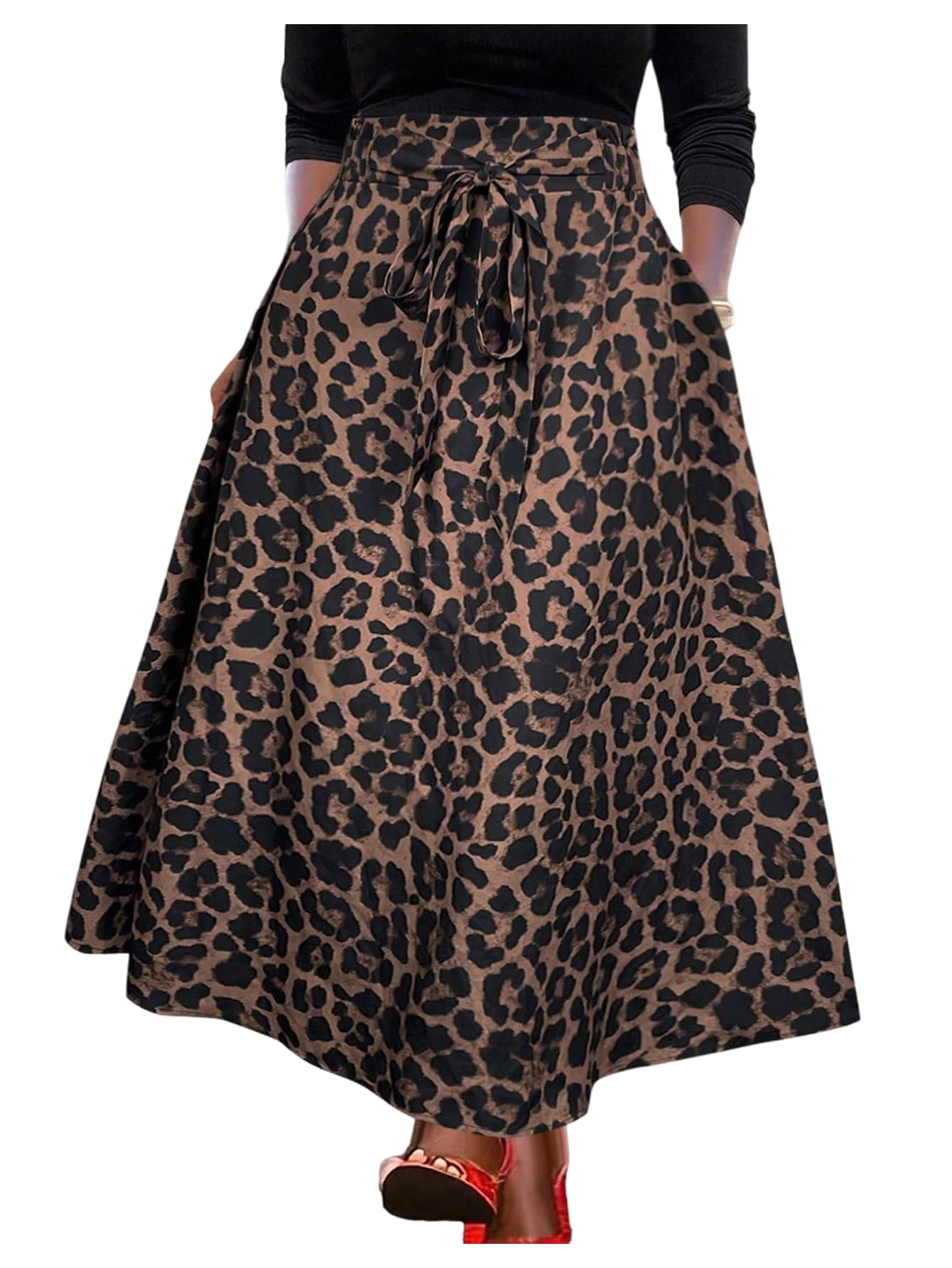 SHENHE Womens Leopard Print A Line Flowy Maxi Skirt High Waist Tie Bow Elegant Cheetah Skirt