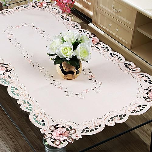 Miniatura 5 de Mantel rectangular de encaje clásico bordado vintage de 33 x 57 pulgadas, diseño clásico de flores beige y rosa, elegante mantel rectangular para