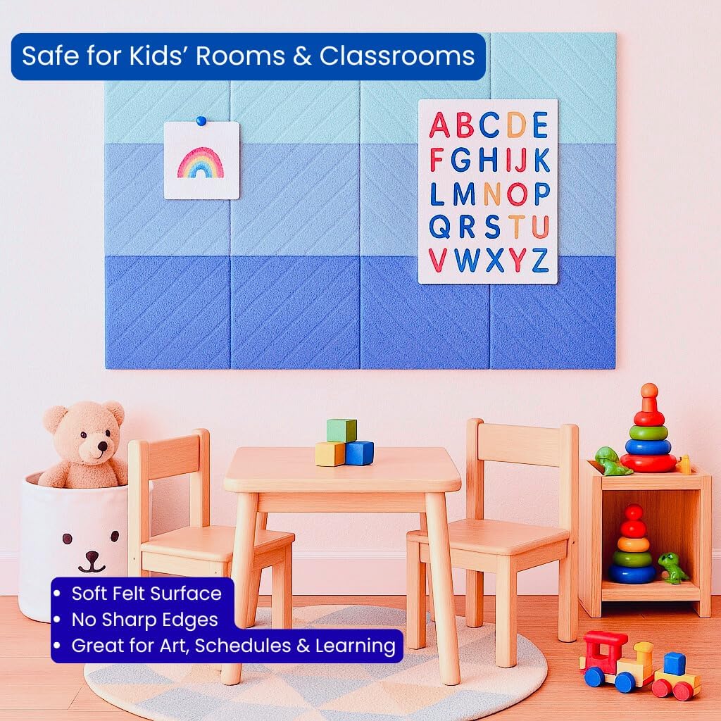 Decorative Felt Wall Tiles Bulletin Board - Large 47" x 35" Modern Pin Board Wall System for Home, Nursery, Dorm & Classroom - 12 Pack Cork Board Alternative with Push Pins & Adhesive Tabs (Sky)