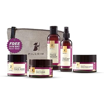 PILGRIM French Red Vine Premium Face Care Kit with Face Wash & Jute Kit Bag | Face Mask 100gm, Face Cream SPF 30 50gm, Face Scrub 50gm, Face Mist & Toner 100ml | Men & Women - image, photos