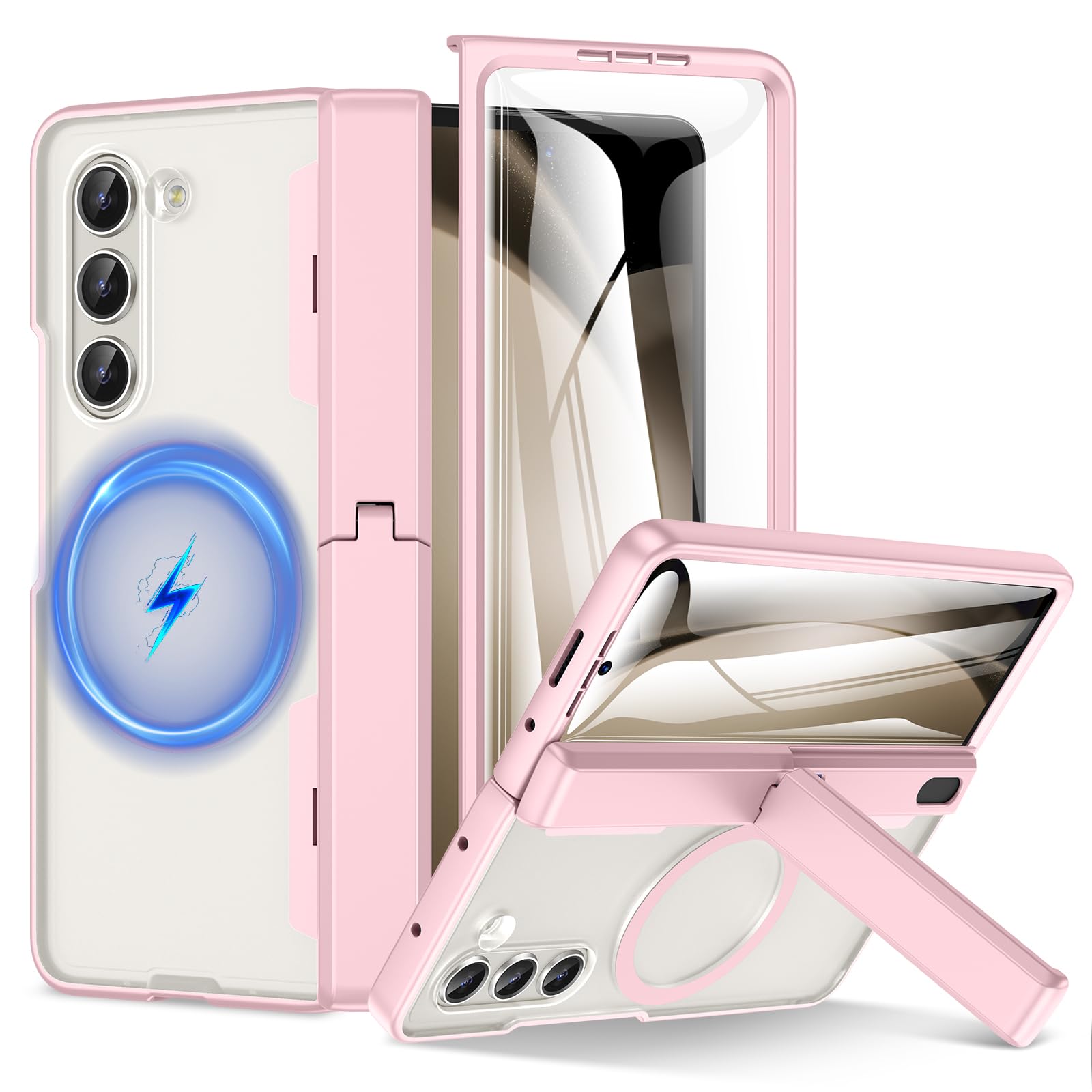for Samsung Galaxy Z Fold 5 Case with Kickstand & Front Screen Protector, with Magnetic Charging Magnetic Hinge Protection, Shockproof Protective Phone Case Cover,Pink
