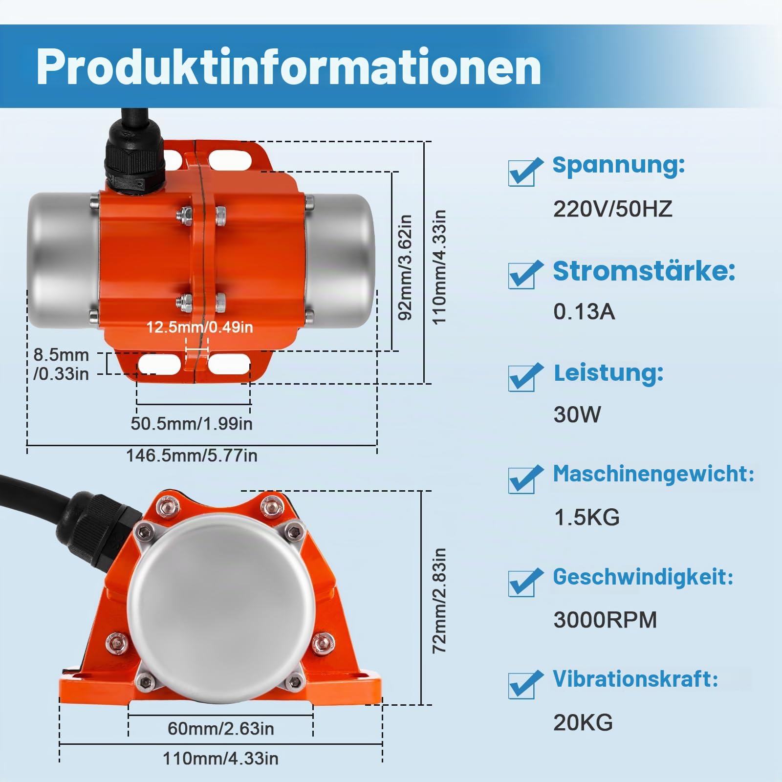 MXBAOHENG Elektrischer Vibrationsmotor mit Stecker 30 W Erregungskraft 20kg