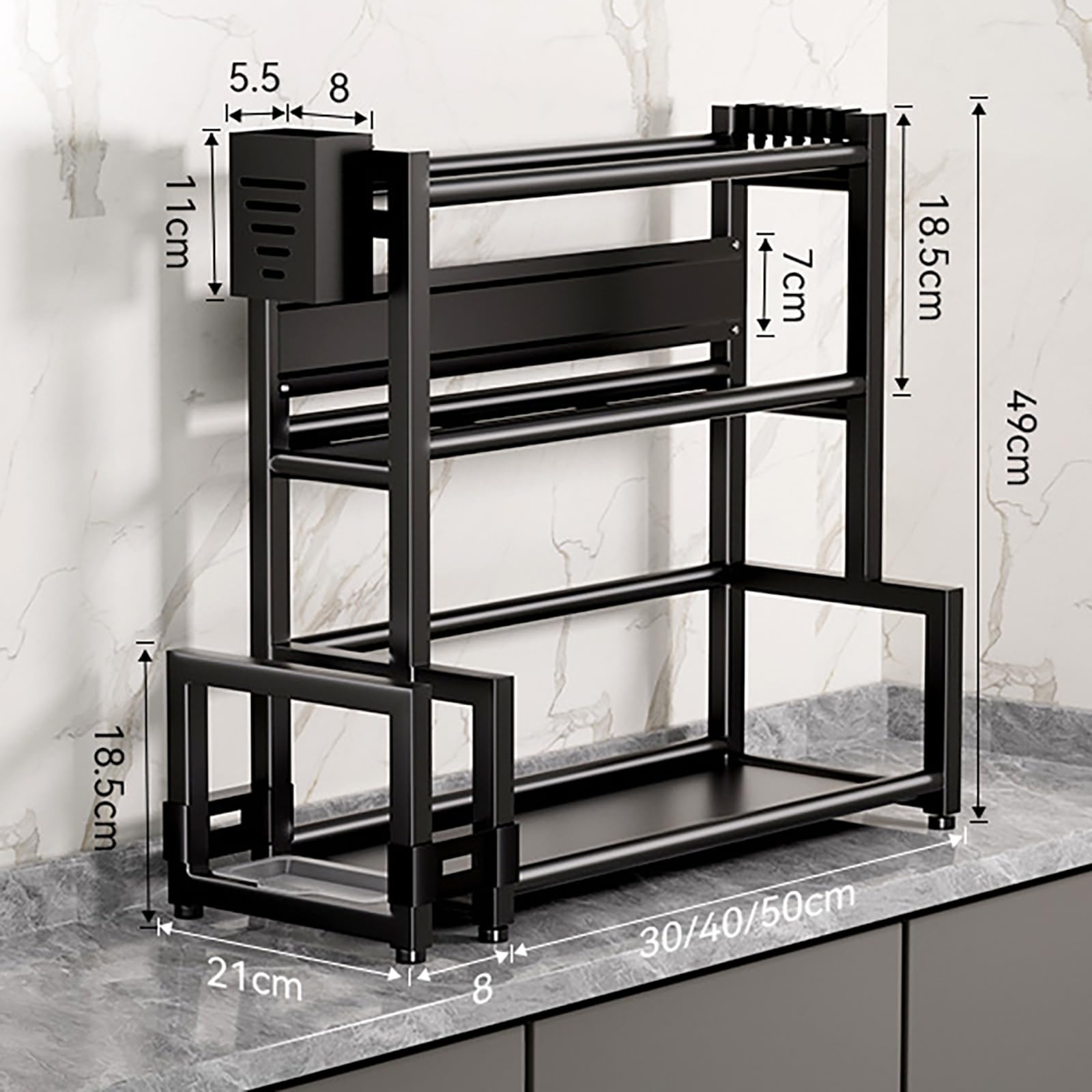 Scaffale da cucina a 3 ripiani in metallo con 6 ganci, ideale per barattoli e tazze, design salvaspazio, B50 cm