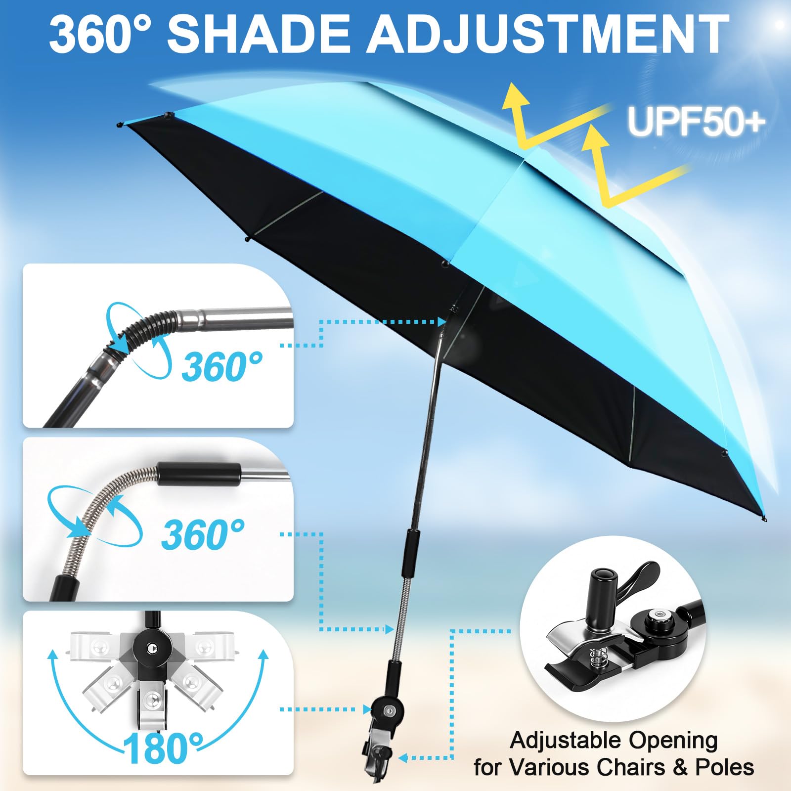 panthem 2er-Pack Sonnenschirm Strand für Stuhl mit Klemmhalterung, UPF 50+ 360° verstellbarer, kompakter Strandschirm für Strandstuhl, Liegestuhl, Campingstuhl, Rollstuhl, Kinderwagen, Reise