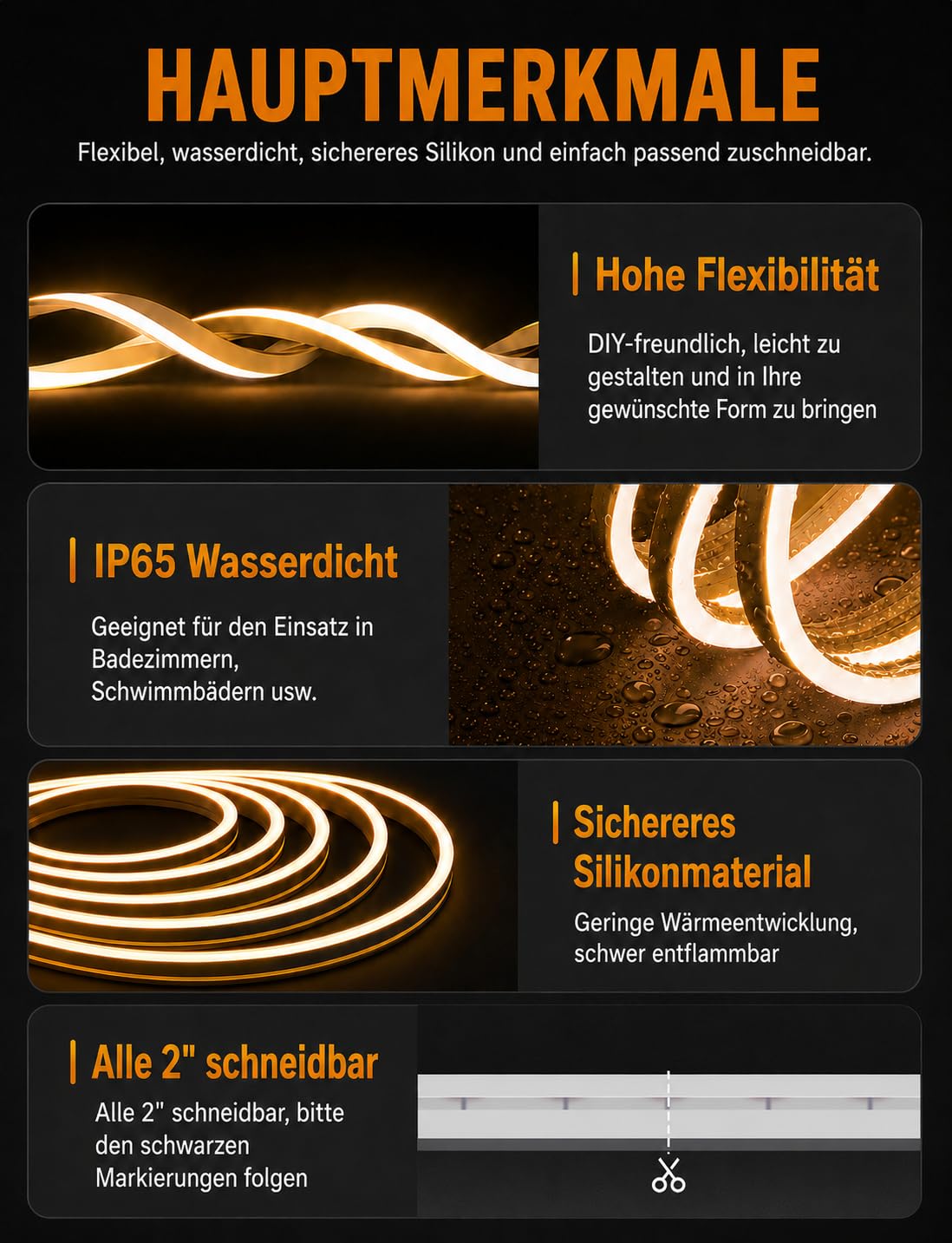 Neon-Lichterketten, 15 m, 3000 K, warmweiß, dimmbare LED-Lichtbänder, 24 V, flexibel, zuschneidbar, IP65, wasserdicht, für Schlafzimmer, Innen- und Außenbereich