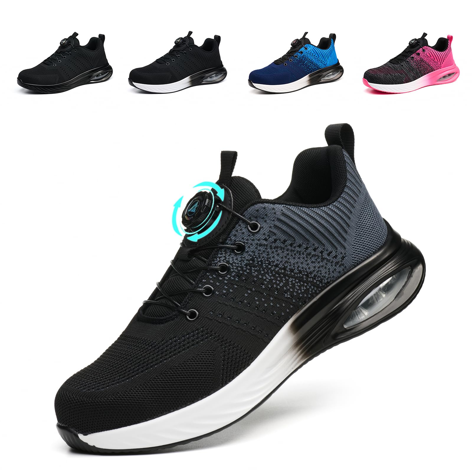 Buty ochronne dla mężczyzn i kobiet, lekkie, sportowe buty robocze, oddychające, stalowe noski, antypoślizgowe, z pokrętłem, szary, 38 EU