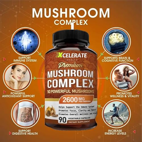 Miniatura 2 de 10 potentes hongos complejo de hongos premium 2,600 mg de melena de león extra fuerte Reishi Cordyceps Chaga cola de pavo Maitake Shiitake Enfoque