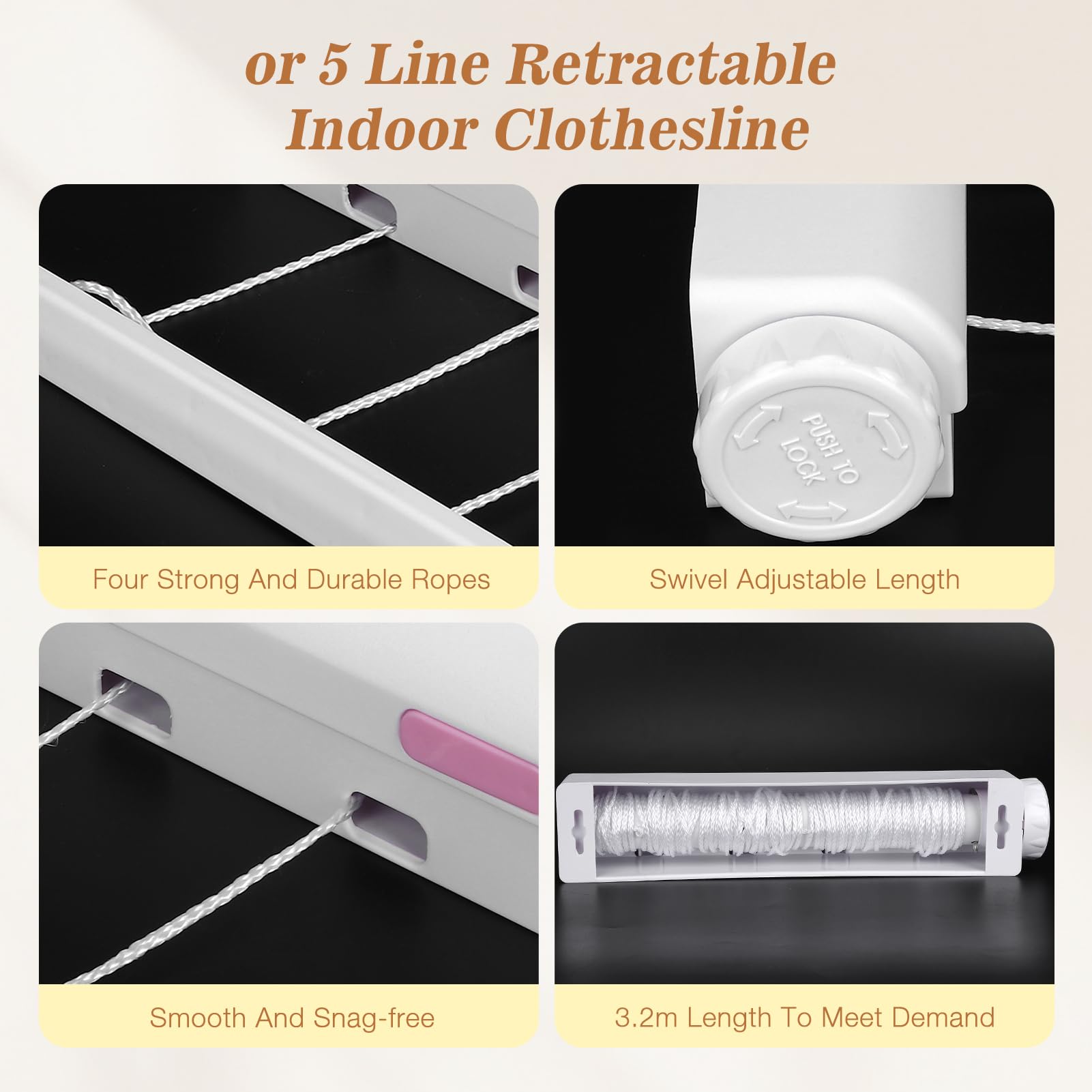 Tendedero RetráCtil Secador De Ropa con Cuerda Ajustable Tendedero Montado En La Pared Tendedero para Ropa, Uso En Interiores O Exteriores(5 Cuerdas)