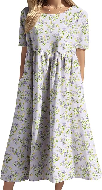 2026 Spring Boho Floral Maxi Dress Womens Crewneck Half Sleeve High Waist Long Dresses with Pockets