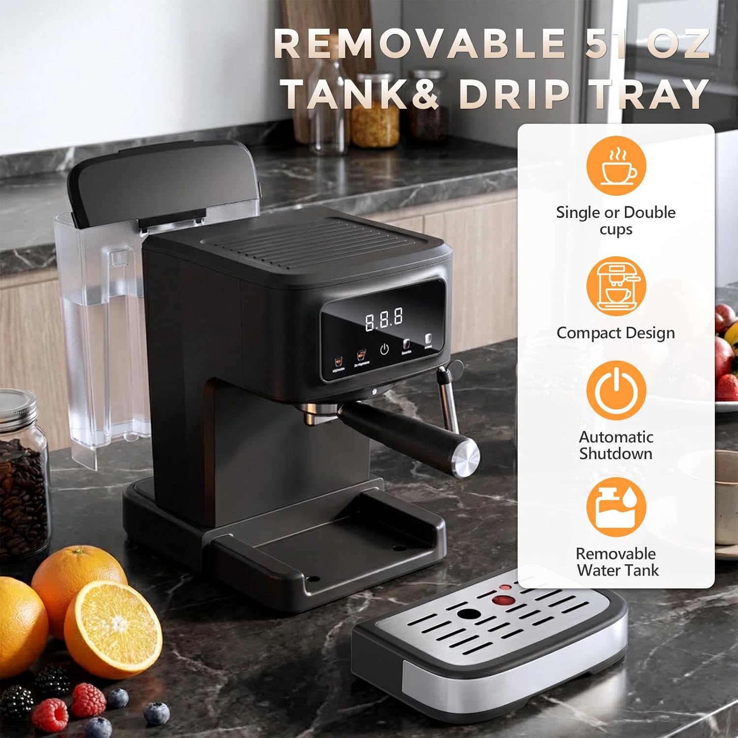 Espresso Machine with Milk Frother, Compact Coffee Maker for Home, Cappuccino & Latte, 15 Bar Pump, Dual Stainless Steel Filters, LED Touch Screen, Removable Water Tank & Drip Tray