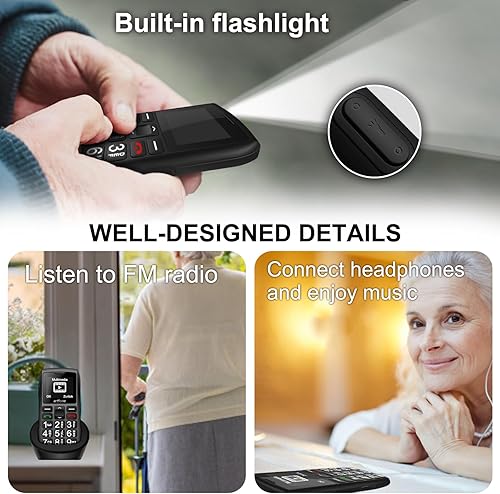 Miniatura 6 de C1+4G Negro - Teléfono celular con botones grandes para personas mayores, teléfono tonto con botón SOS, estación de carga, 1800 mAh, reloj parlante,