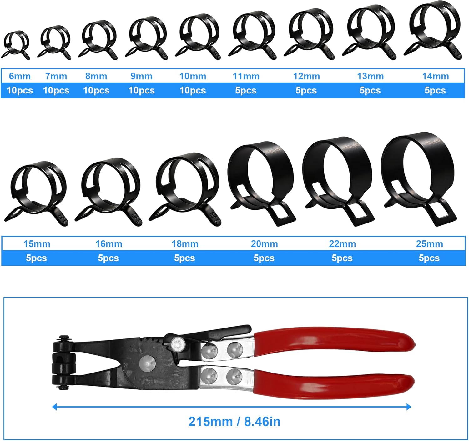 Spring Band Hose Clamp Assortment Kit with Swivel Clamp Pliers Constant Tension Radiator Hose Clamps for Fuel Line Silicone Vacuum Hose Air Tube and Water Pipe (100Pcs Spring Clamps with Plier)