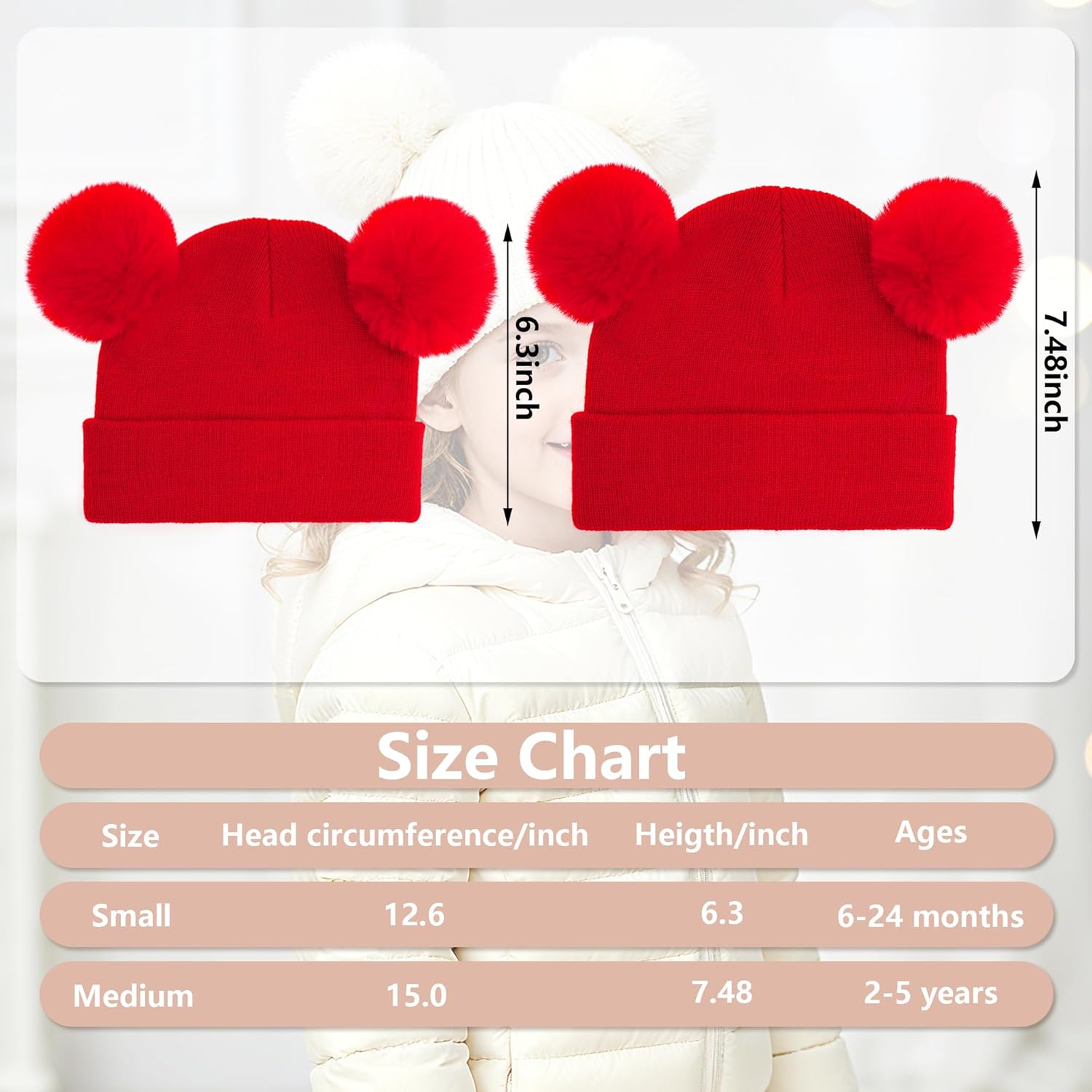 Kids Toddler Winter Hat Knit Beanie with Pom Poms Warm Hats for Baby Boys Girls for Cold Weather - Image 4