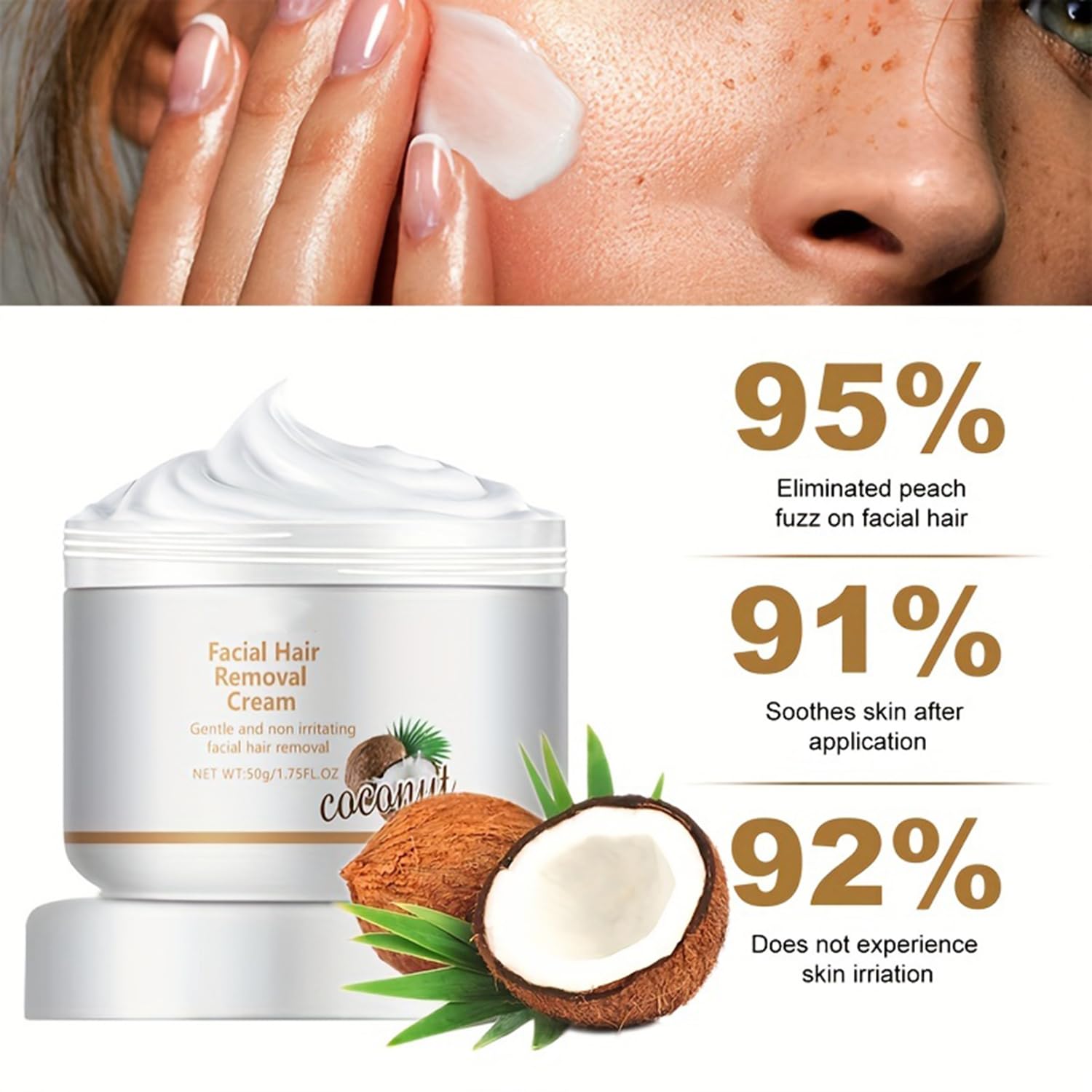 Crema depilatoria facial, removedor de vello de coco para labio superior y mentón para mujeres, removedor de vello facial para piel sensible al cuerpo, 1.75 onzas líquidas, crema de depilación suave y 2