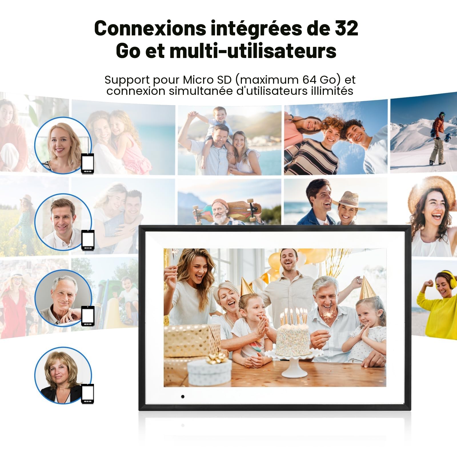 AEEZO Cadre Photo Numérique 10,1 Pouces WiFi (32 Go) - Écran Tactile IPS HD 1280x800 - Rotation Automatique, Partage Instantané Depuis Smartphone/Cloud - Cadre Photo Connecté pour Famille
