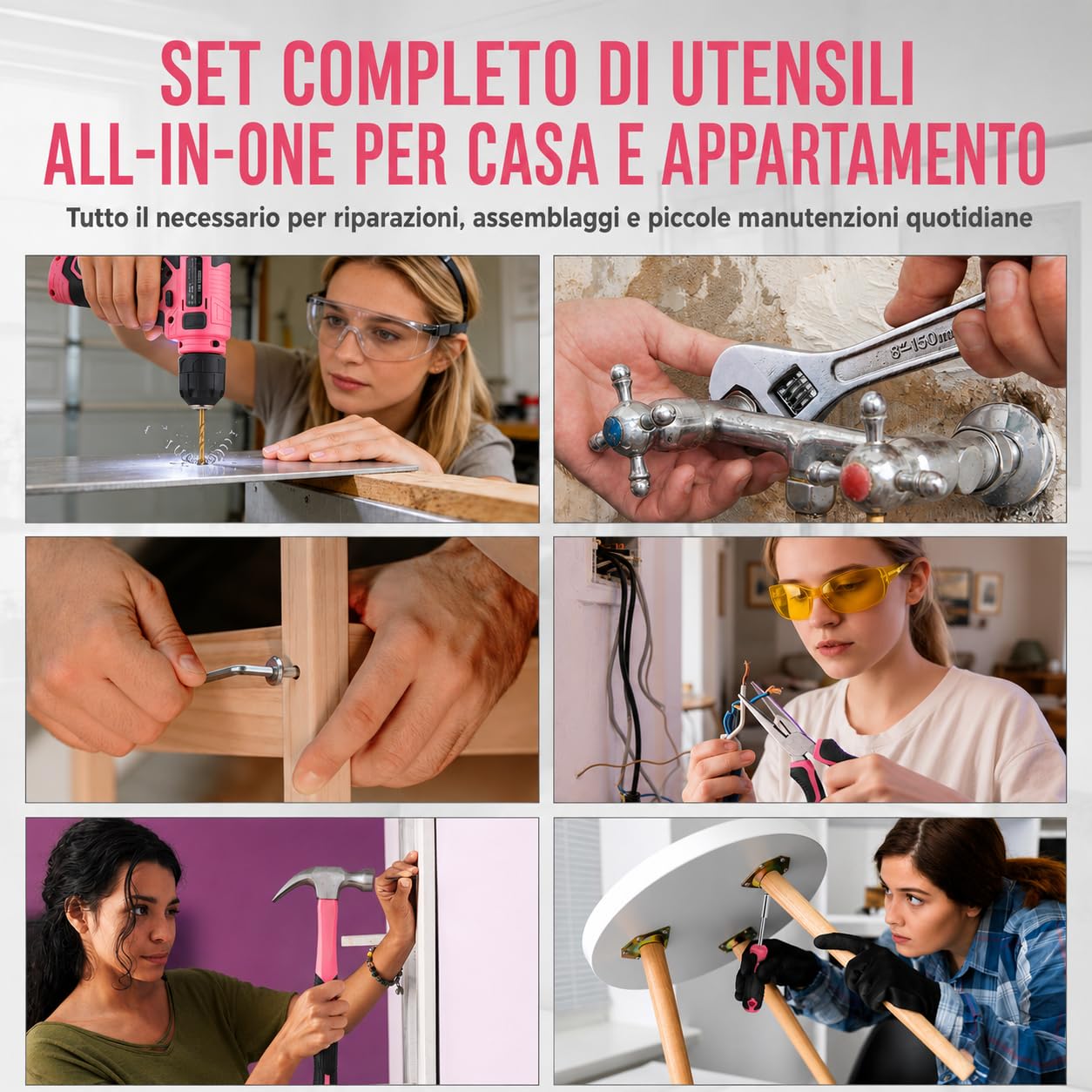 Hi-Spec Set Attrezzi Rosa con Trapano 8V. Kit Completo Trapano Elettrico Ricaricabile USB Senza Fili per Donne, Riparazioni e Manutenzione Domestica Fai-da-Te, in Valigetta Compatta