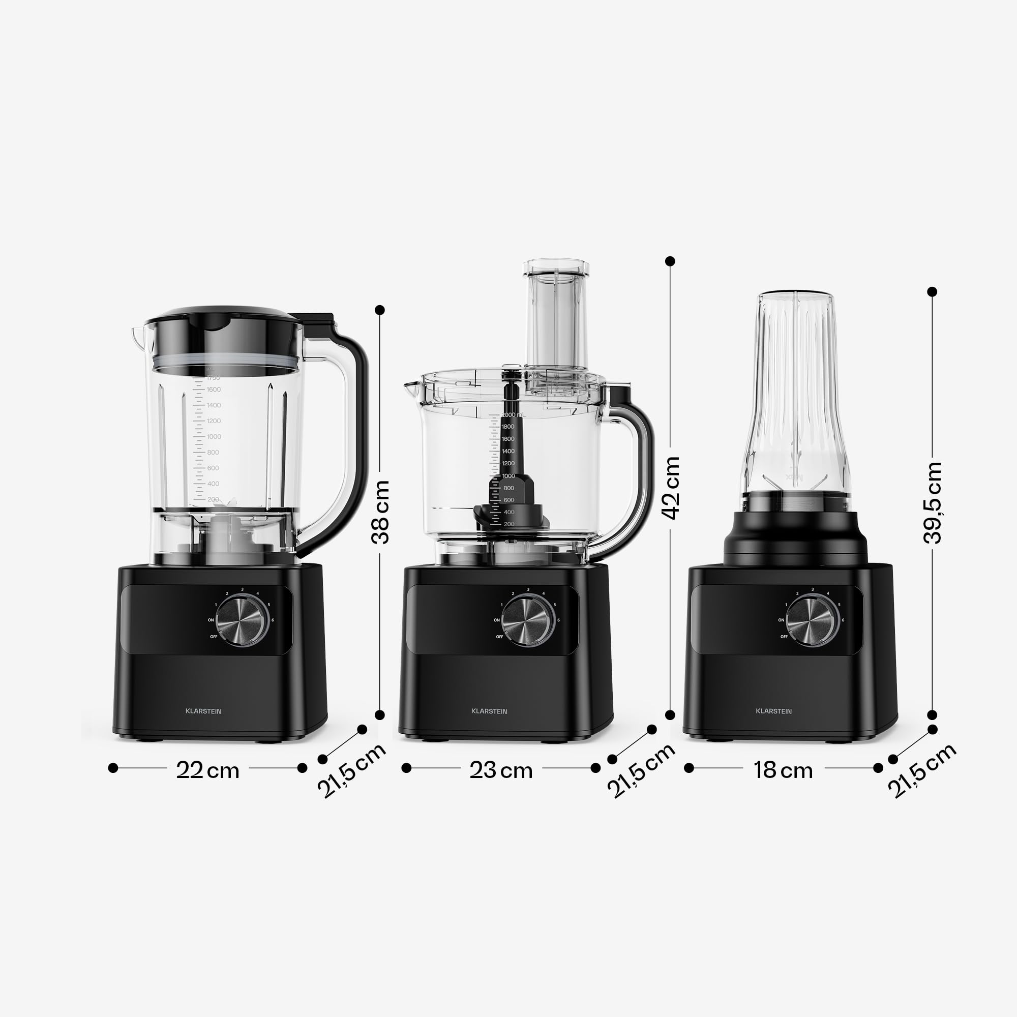Klarstein Robot de cocina, Velaire con batidora – Robot de cocina multifunción de 1200 W, recipiente de 2 l, batidora de 1,75 l, 6 programas y velocidades, accesorios de exprimidor y picadora de carne