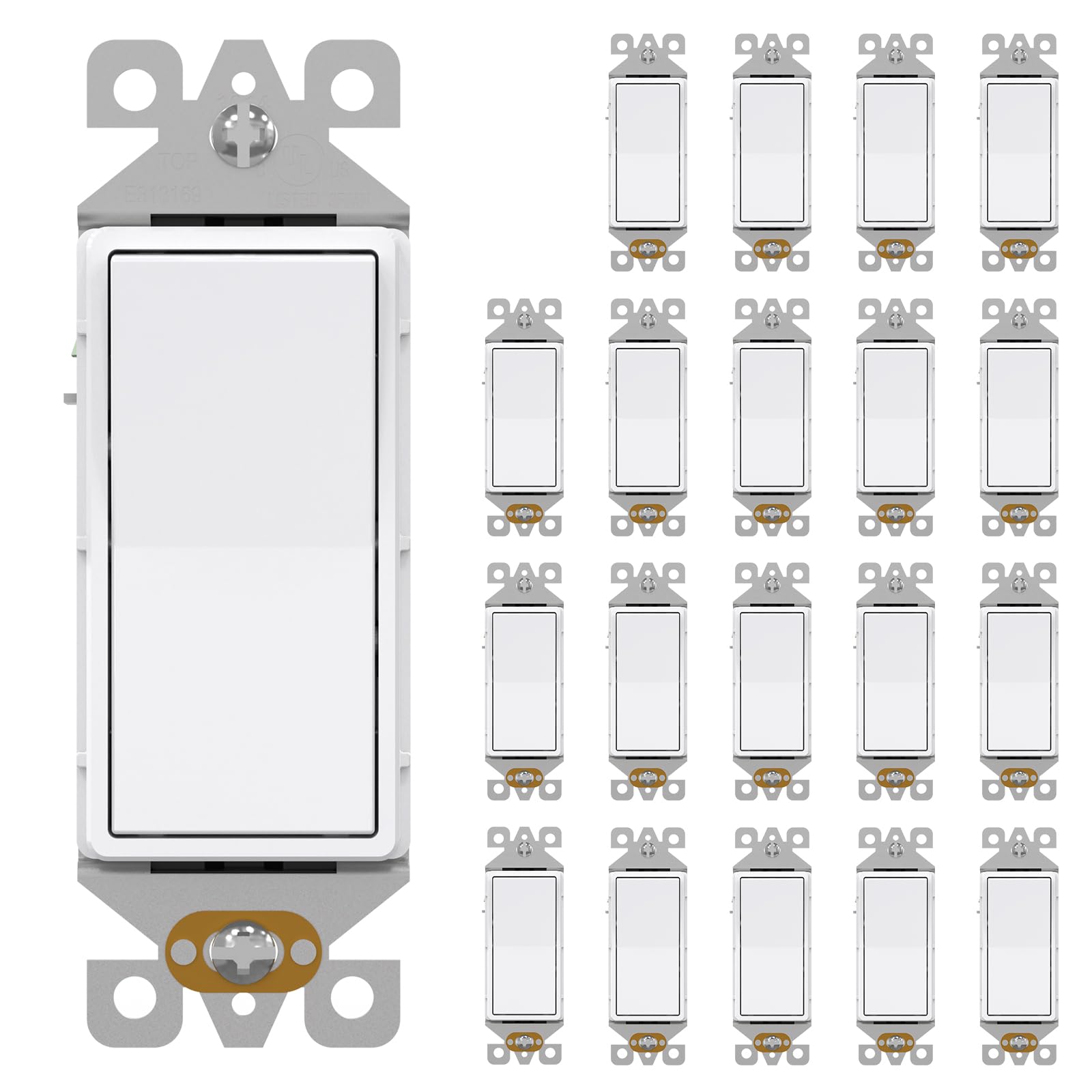 AIDA 20 Pack Light Switch Single Pole Light Switch Square Rocker Switch Decorative Switches White, 15 Amp Self-grounding Electrical Light Switches, Residential Grade, UL Listed Glossy White