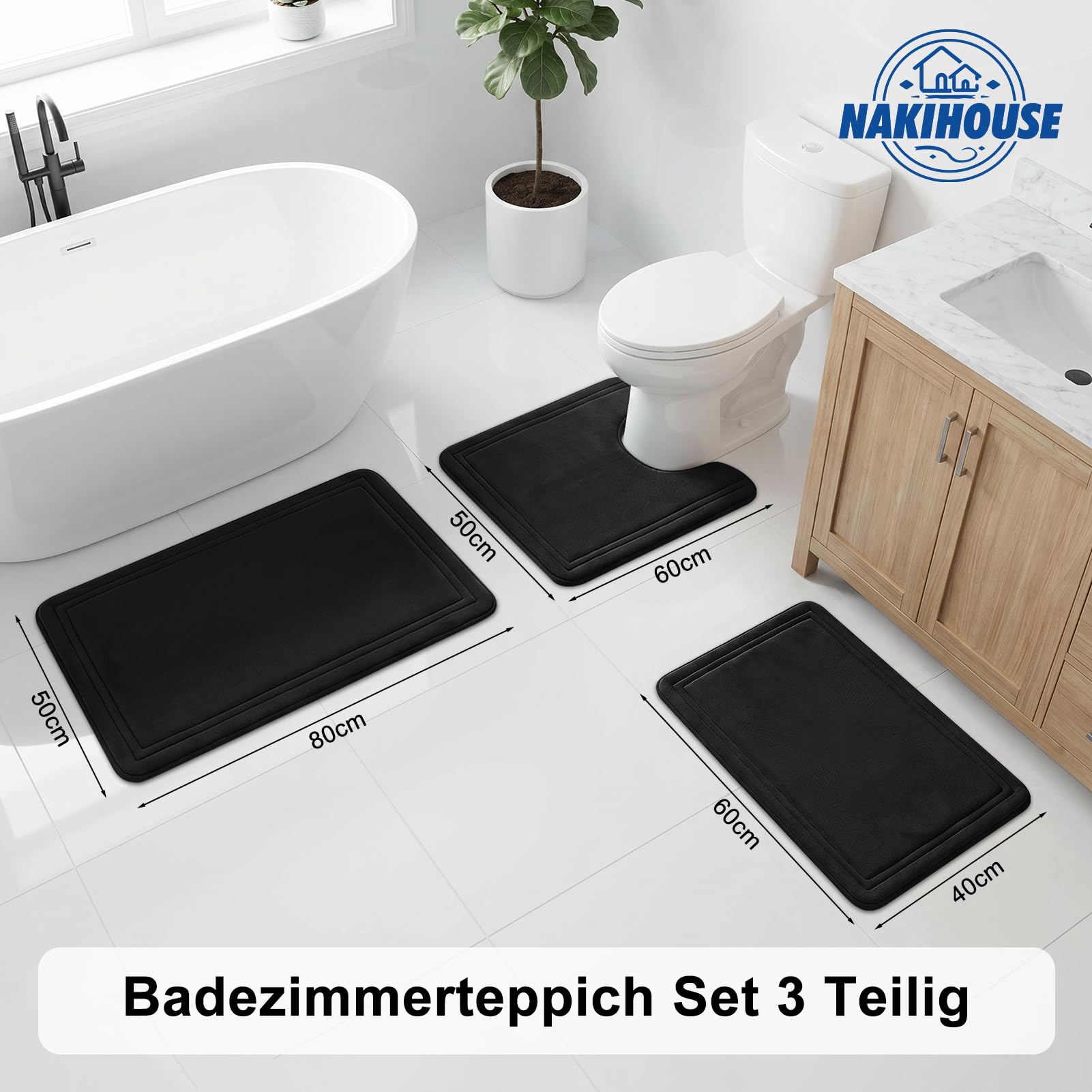 NAKIHOUSE Badezimmerteppich Set 3 Teilig (40x60 cm + 50x80 cm + 50x60 cm), Memory-Schaum Badematte, rutschfest, Saugstark & Waschbar, Weiche Badezimmergarnitur in Schwarz