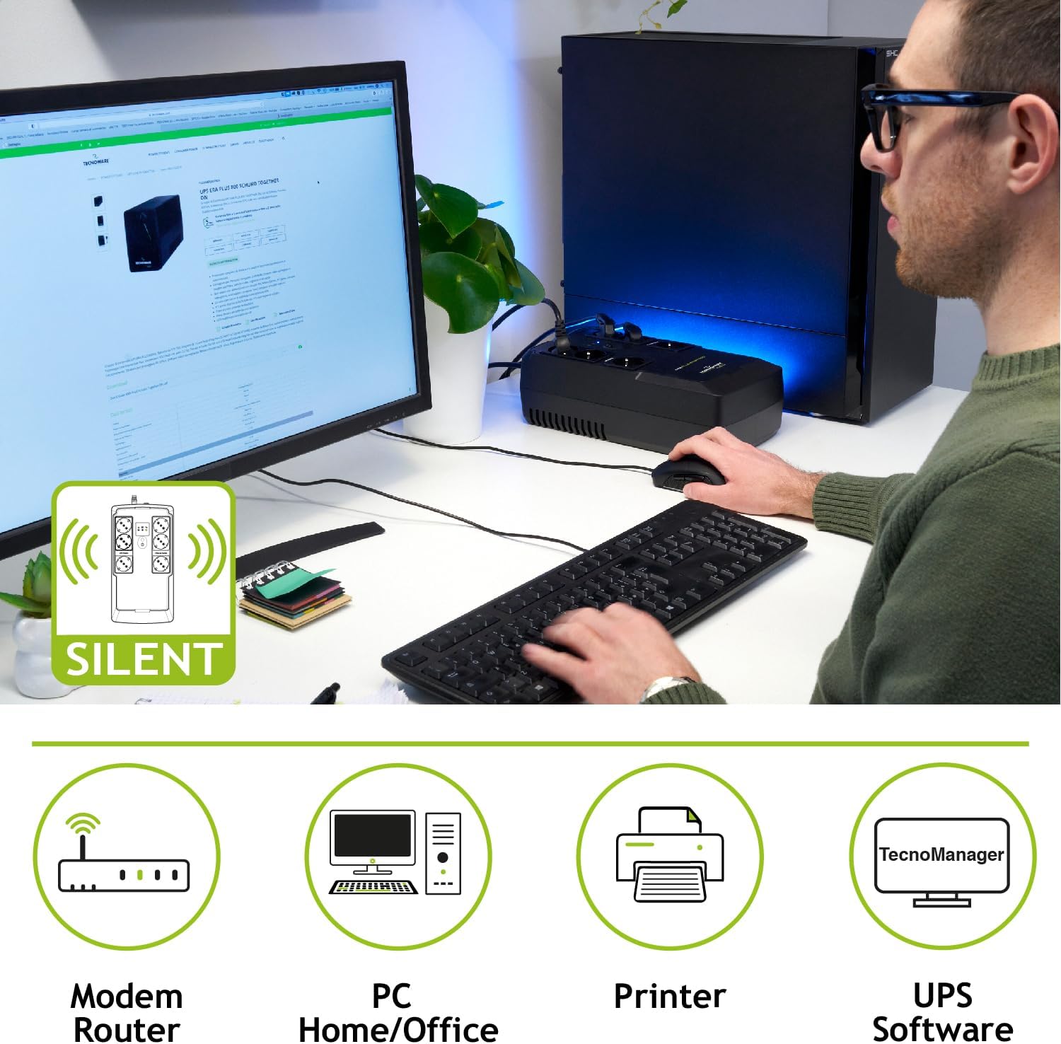 Tecnoware Power Systems - UPS Era Plus Strip 800, Protezione Blackout PC, Modem, Videosorveglianza, Autonomia fino a 13 min comuter e 50min Router/Wifi, Stabilizzatore AVR, 6 Prese Schuko, 800VA 800VA PC/MODEM/VIDEOSORVEGLIANZA - Immagine 4